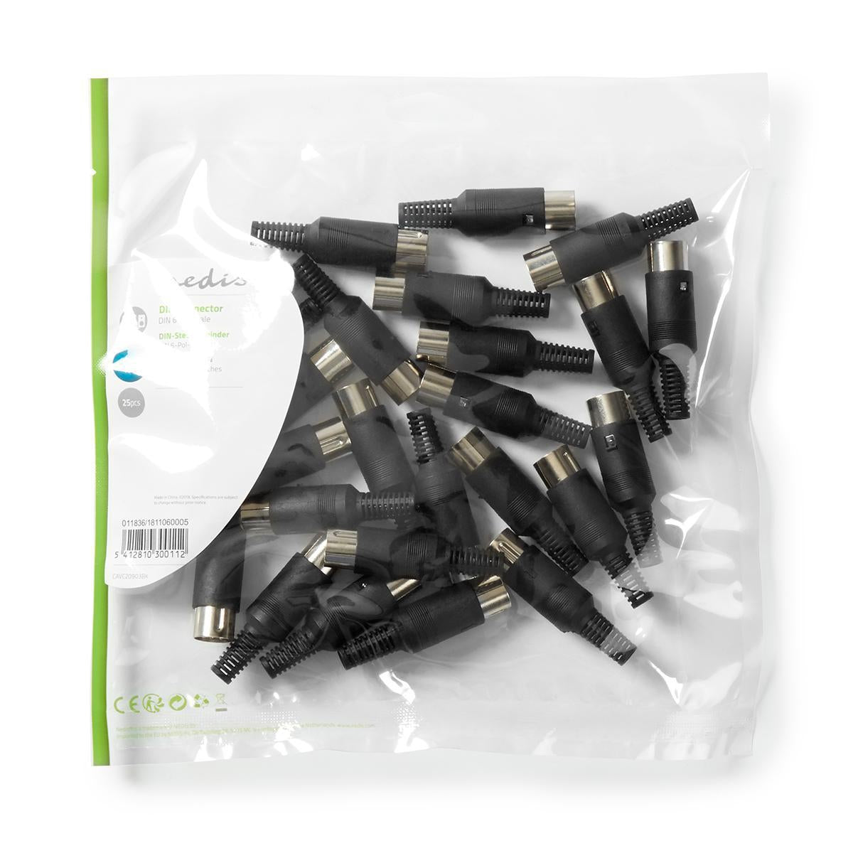 DIN connector | Straight | Male | Nickel Plated | Twist-On | Cable input diameter: 6.0 mm | PVC | Black | 25 pcs. | Plastic bag