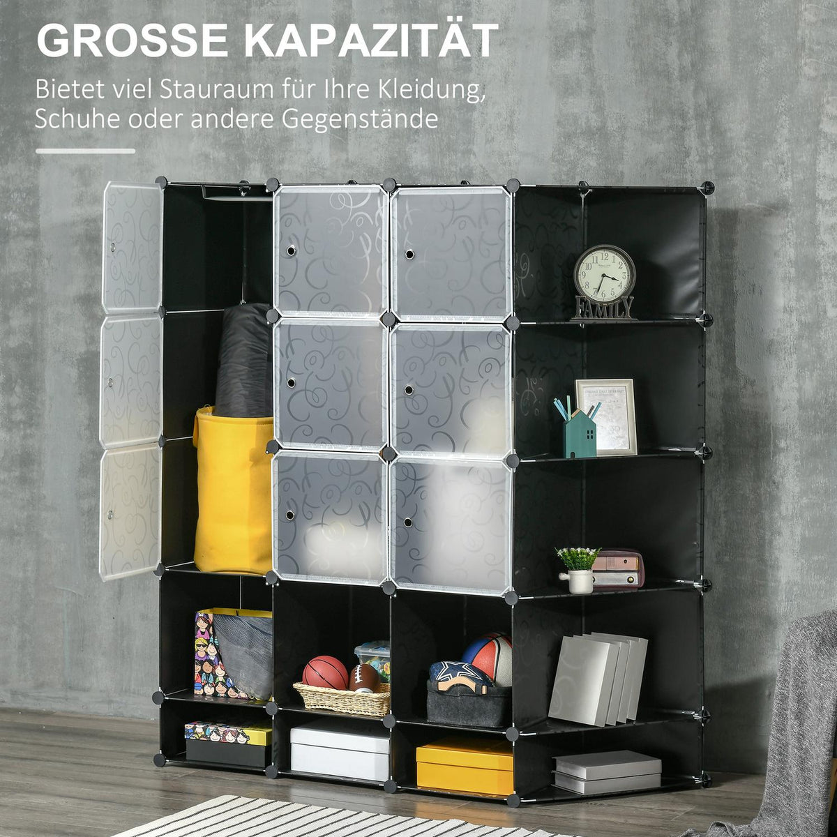 DIY Wardrobe Shelving System with 16 Compartments and 2 Rods DIY Cube Shelf Storage Rack for Clothes Shoes Black 145 x 46 x 162 cm