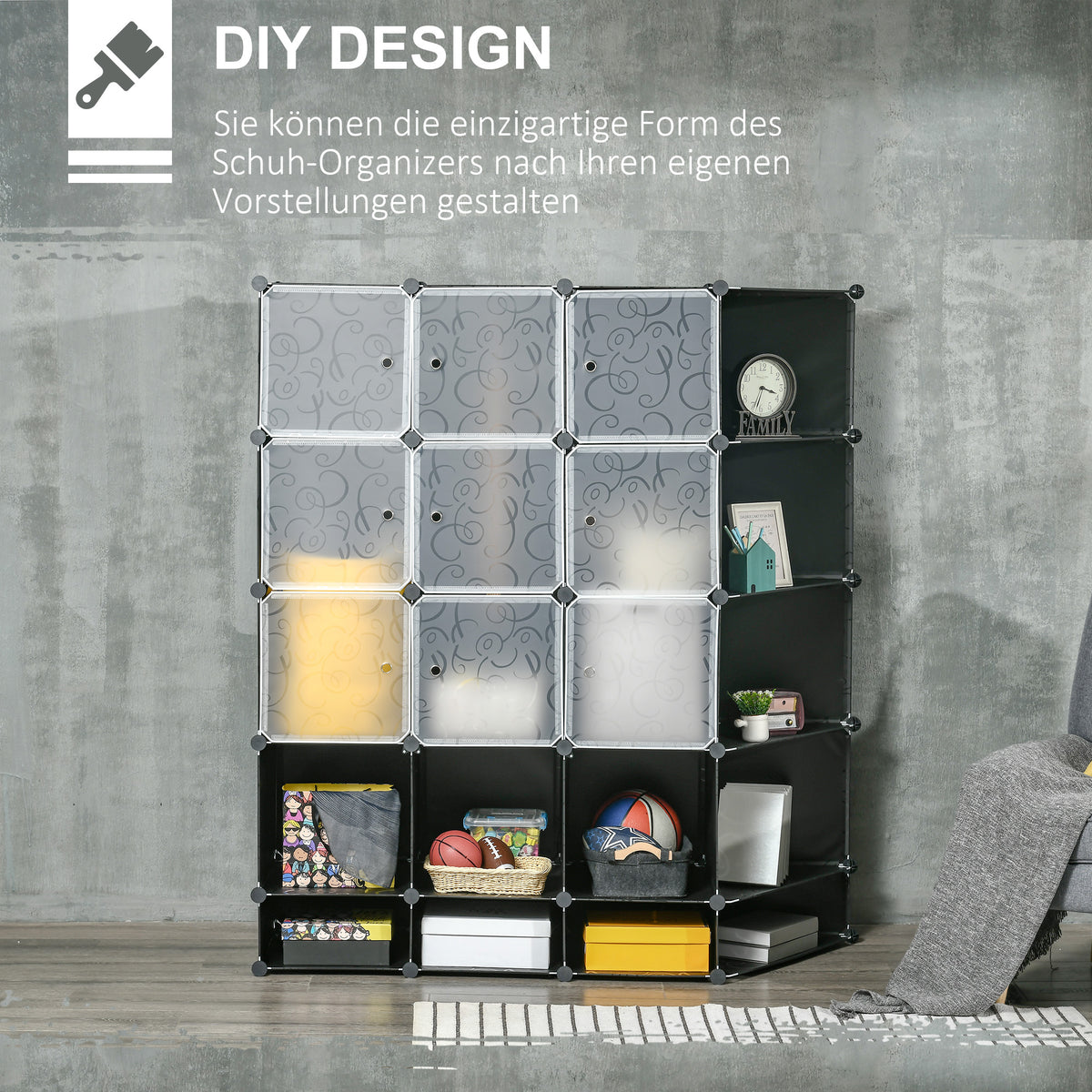 DIY Wardrobe Shelving System with 16 Compartments and 2 Rods DIY Cube Shelf Storage Rack for Clothes Shoes Black 145 x 46 x 162 cm