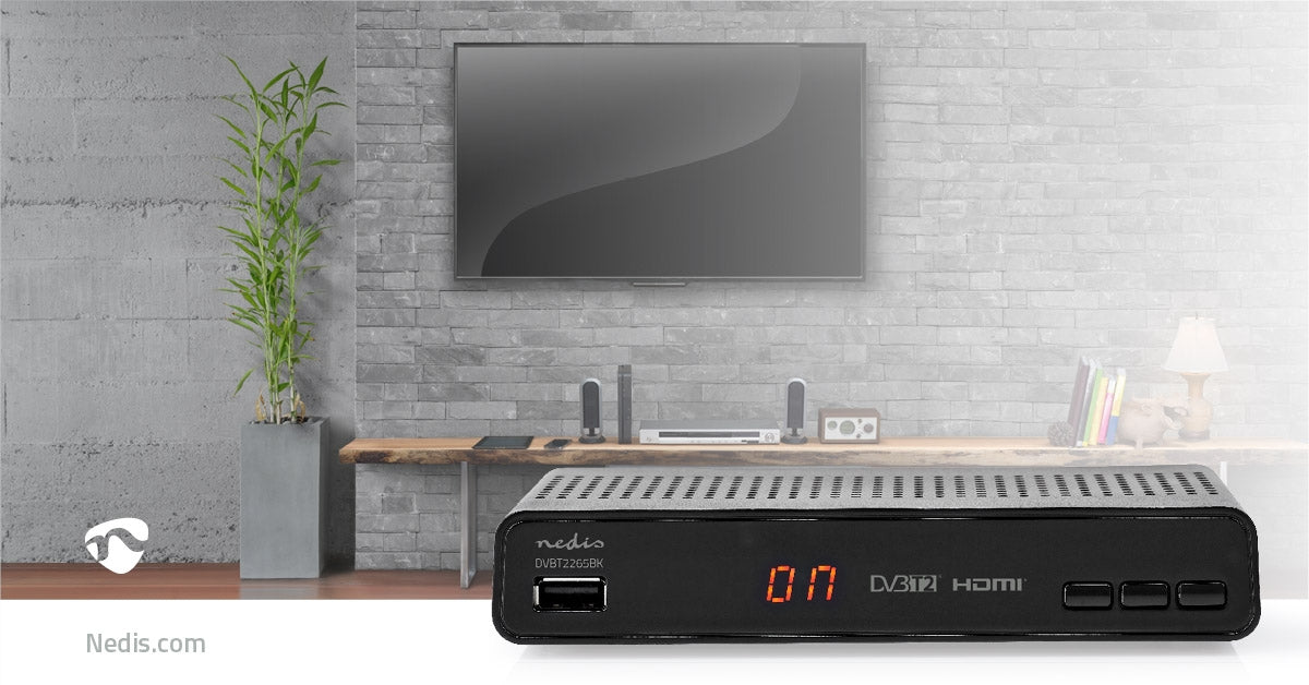 DVB-T2 receiver | Free To Air (FTA) | 480i / 480p / 576i / 576p / 720p / 1080i / 1080p | H.265 | 1000 Channels | Parental Control | Electronic Program Guide | Remote controlled | Black