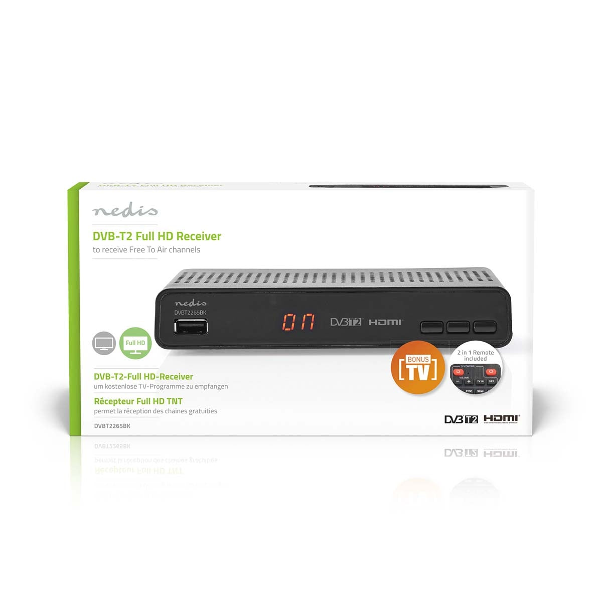 DVB-T2 receiver | Free To Air (FTA) | 480i / 480p / 576i / 576p / 720p / 1080i / 1080p | H.265 | 1000 Channels | Parental Control | Electronic Program Guide | Remote controlled | Black