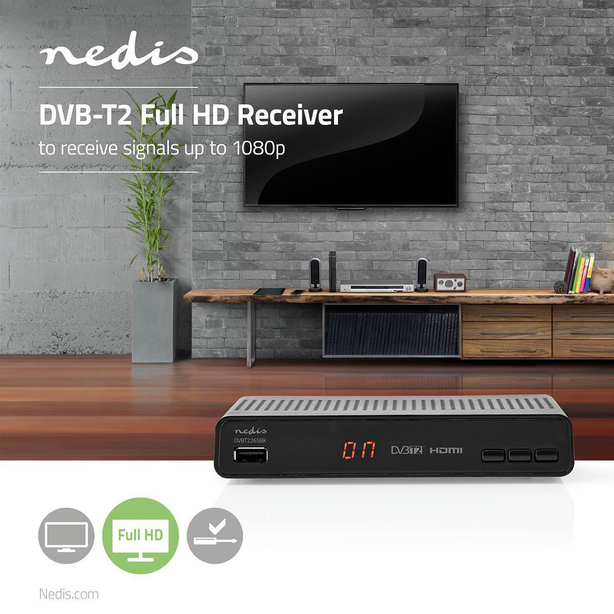 DVB-T2 receiver | Free To Air (FTA) | 480i / 480p / 576i / 576p / 720p / 1080i / 1080p | H.265 | 1000 Channels | Parental Control | Electronic Program Guide | Remote controlled | Black