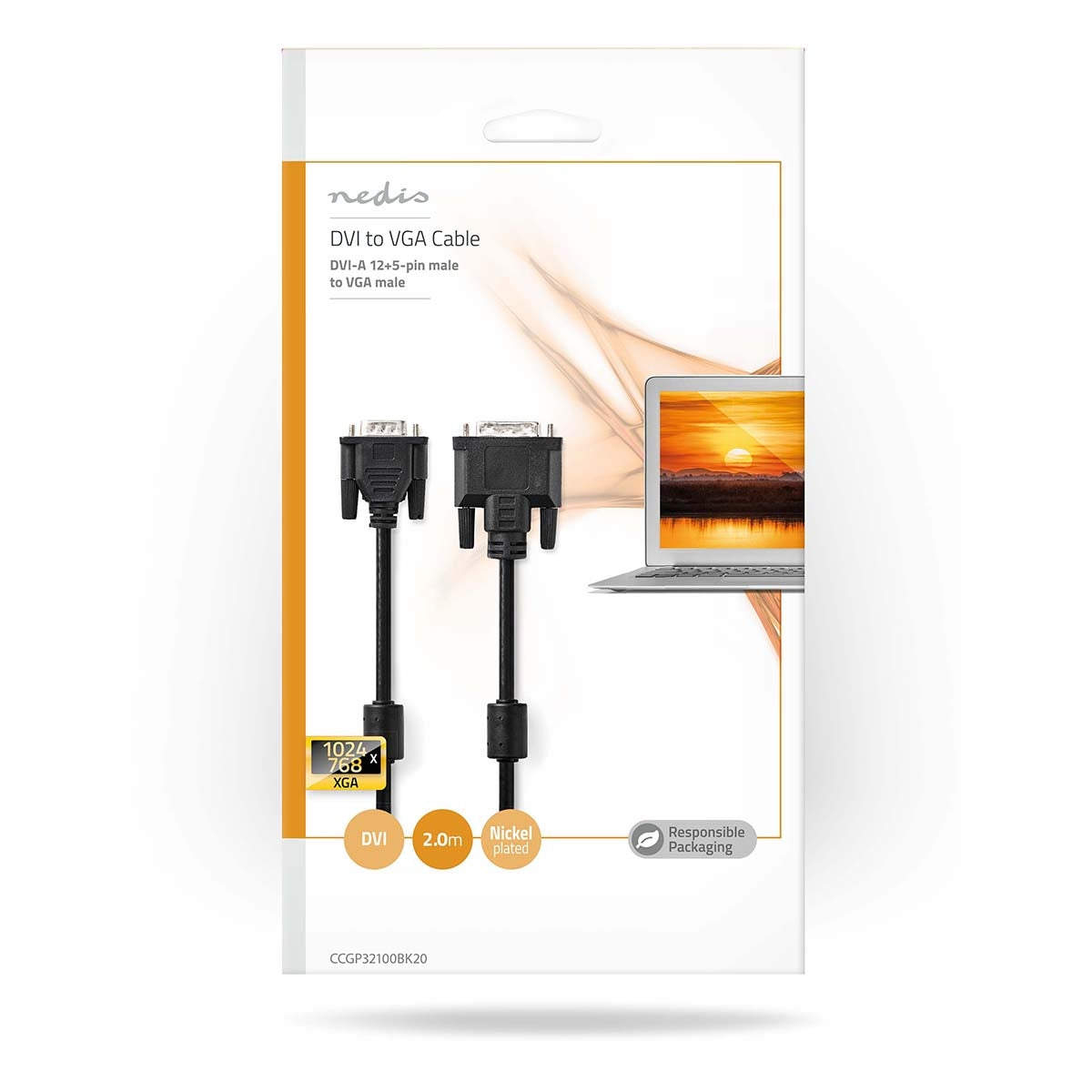 DVI cable | DVI-A 12+5-Pin Male | VGA Male | 1024x768 | Nickel Plated | 2.00 m | Straight | PVC | Black | Envelope