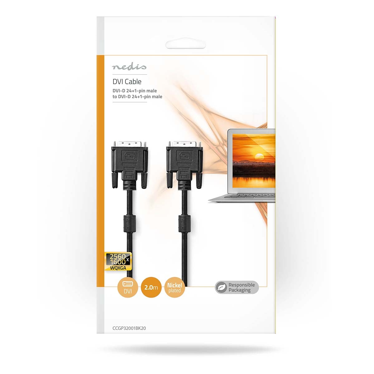 DVI cable | DVI-D 24+1-Pin Male | DVI-D 24+1-Pin Male | 2560x1600 | Nickel Plated | 2.00 m | Straight | PVC | Black | Plastic bag