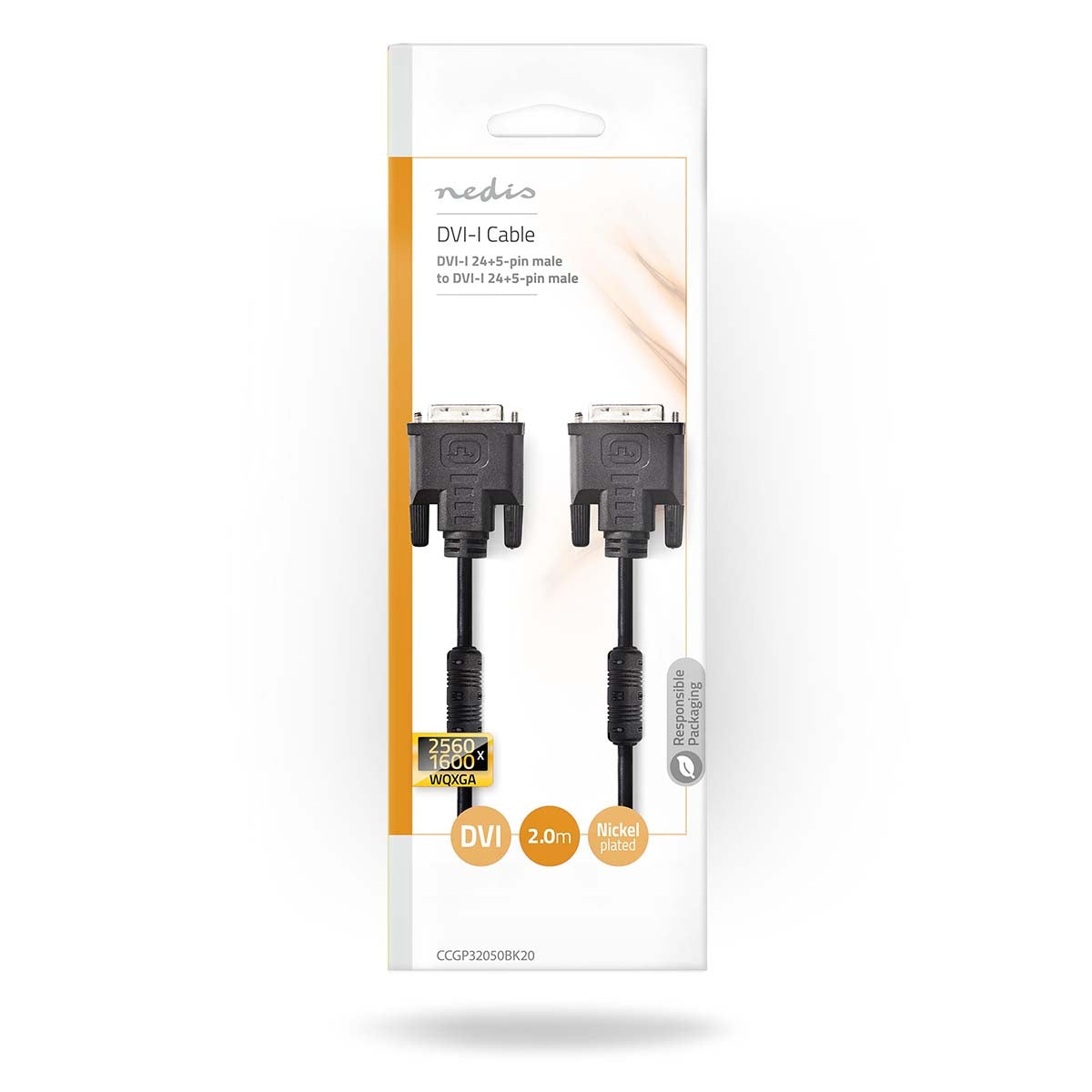 DVI cable | DVI-I 24+5-Pin Male | DVI-I 24+5-Pin Male | 2560x1600 | Nickel Plated | 2.00 m | Straight | PVC | Black | Plastic bag
