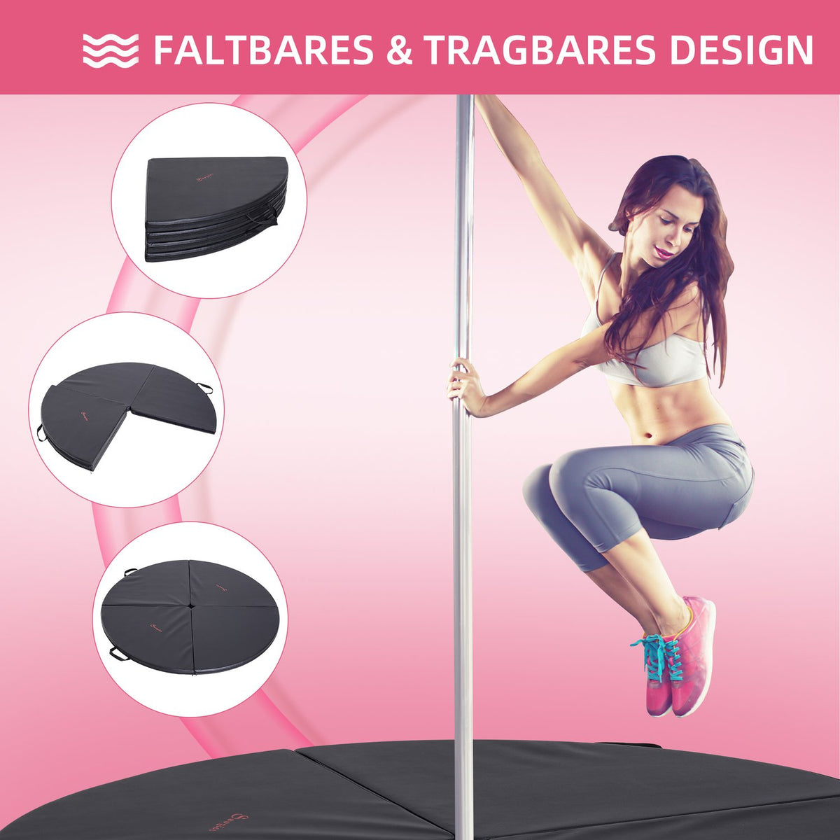 Dance pole mat, Ø 150cm pole dance protective mat, 5 cm thick pole dance mat, foldable safety mat, portable fitness mat, shock-absorbing safety mat, gymnastics, yoga, black