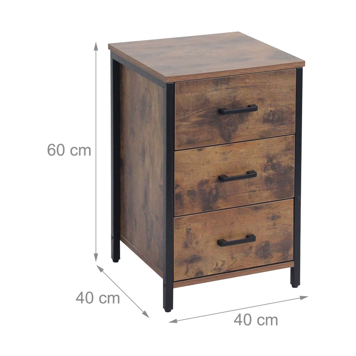 Dark Brown 3-Drawer Bedside Table, MDF & Steel