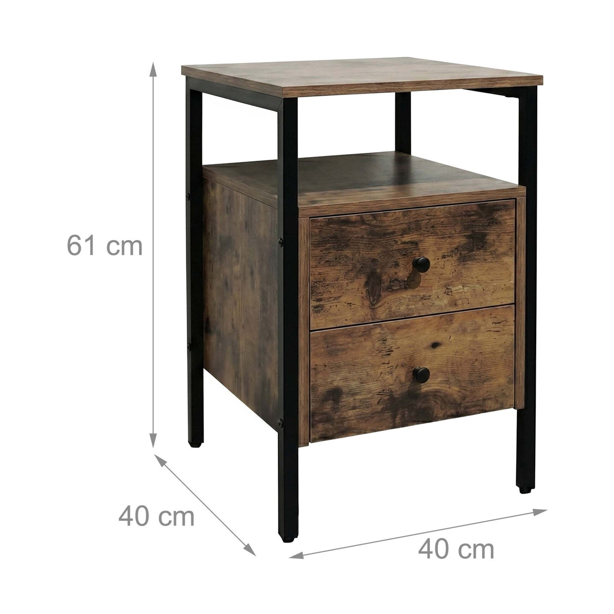 Dark Brown Bedside Table, 2 Drawers, 61x40x40 cm