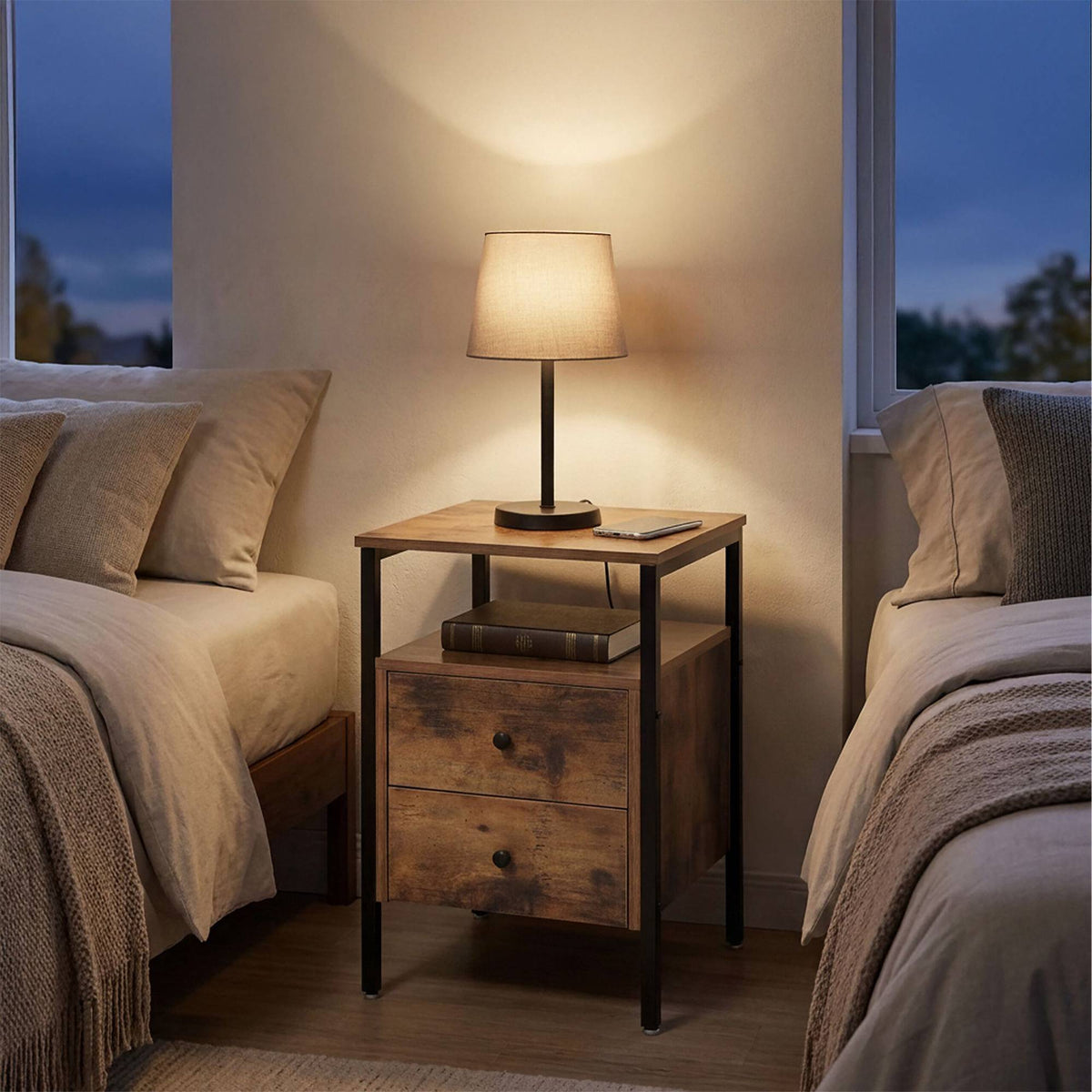 Dark Brown Bedside Table, 2 Drawers, 61x40x40 cm