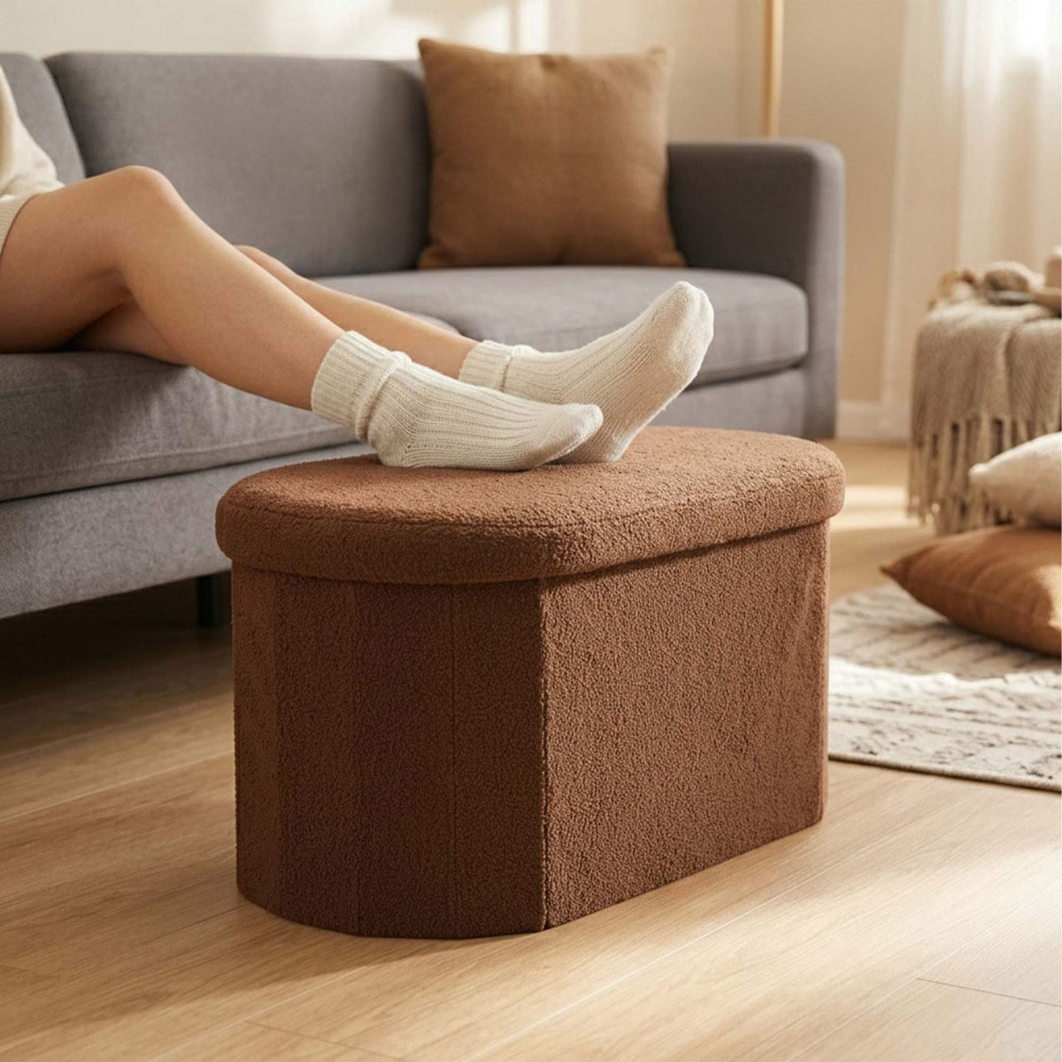 Dark Brown Teddy Fabric Storage Bench, Oval Shape