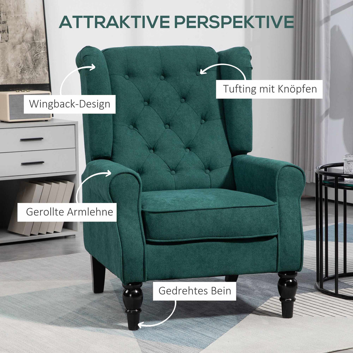 Dark Green Wingback Chair, Removable Cover, 74 x 86 x 102 cm
