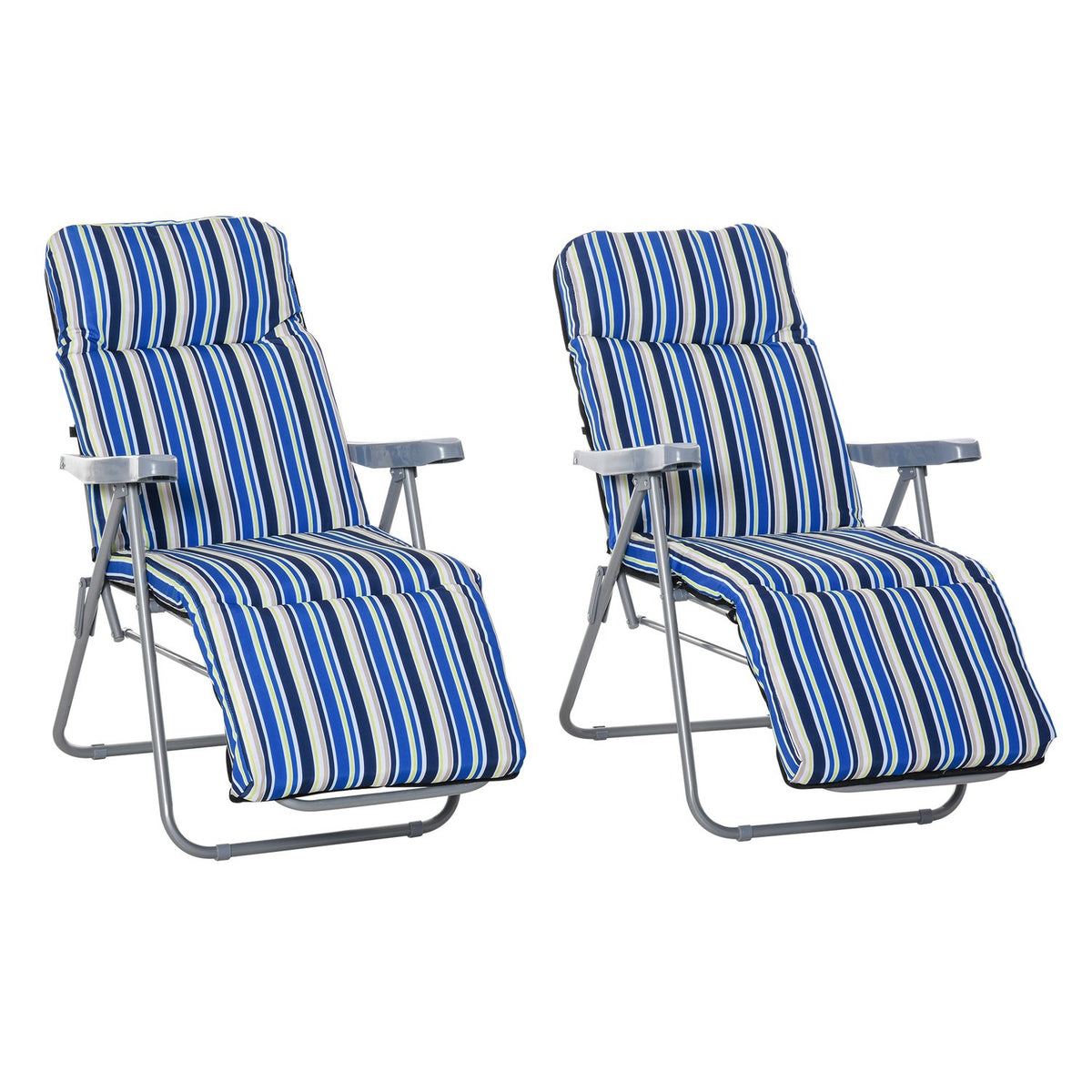 Deck Chair Set Of 2 Sun Loungers With Cushions, Foldable, Adjustable Backrest, Steel + Polyester, Blue, 60X75X65-102Cm