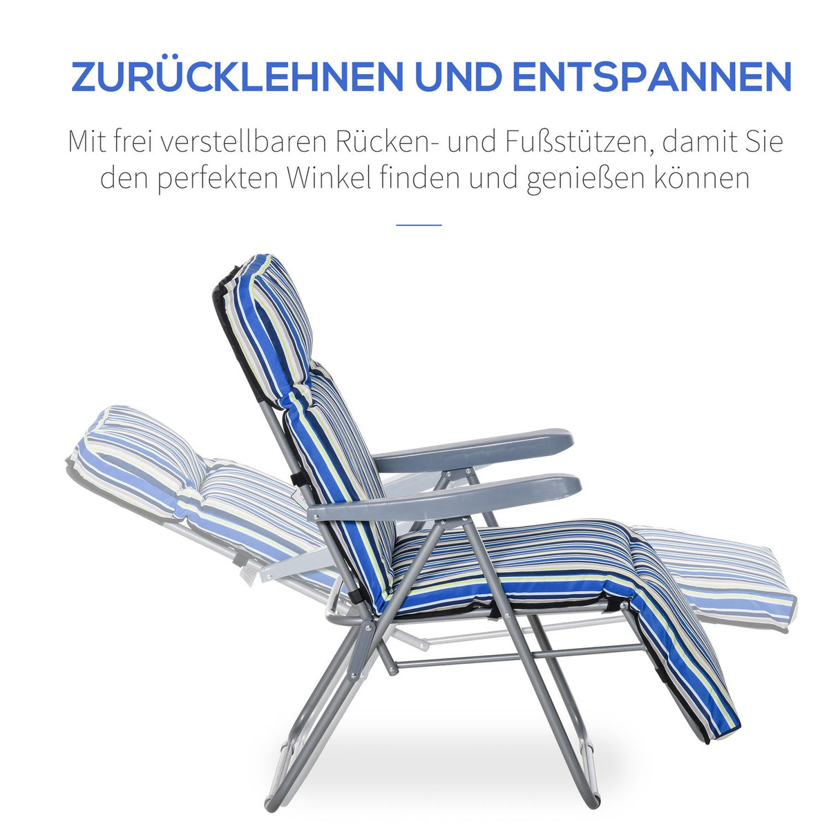 Deck Chair Set Of 2 Sun Loungers With Cushions, Foldable, Adjustable Backrest, Steel + Polyester, Blue, 60X75X65-102Cm