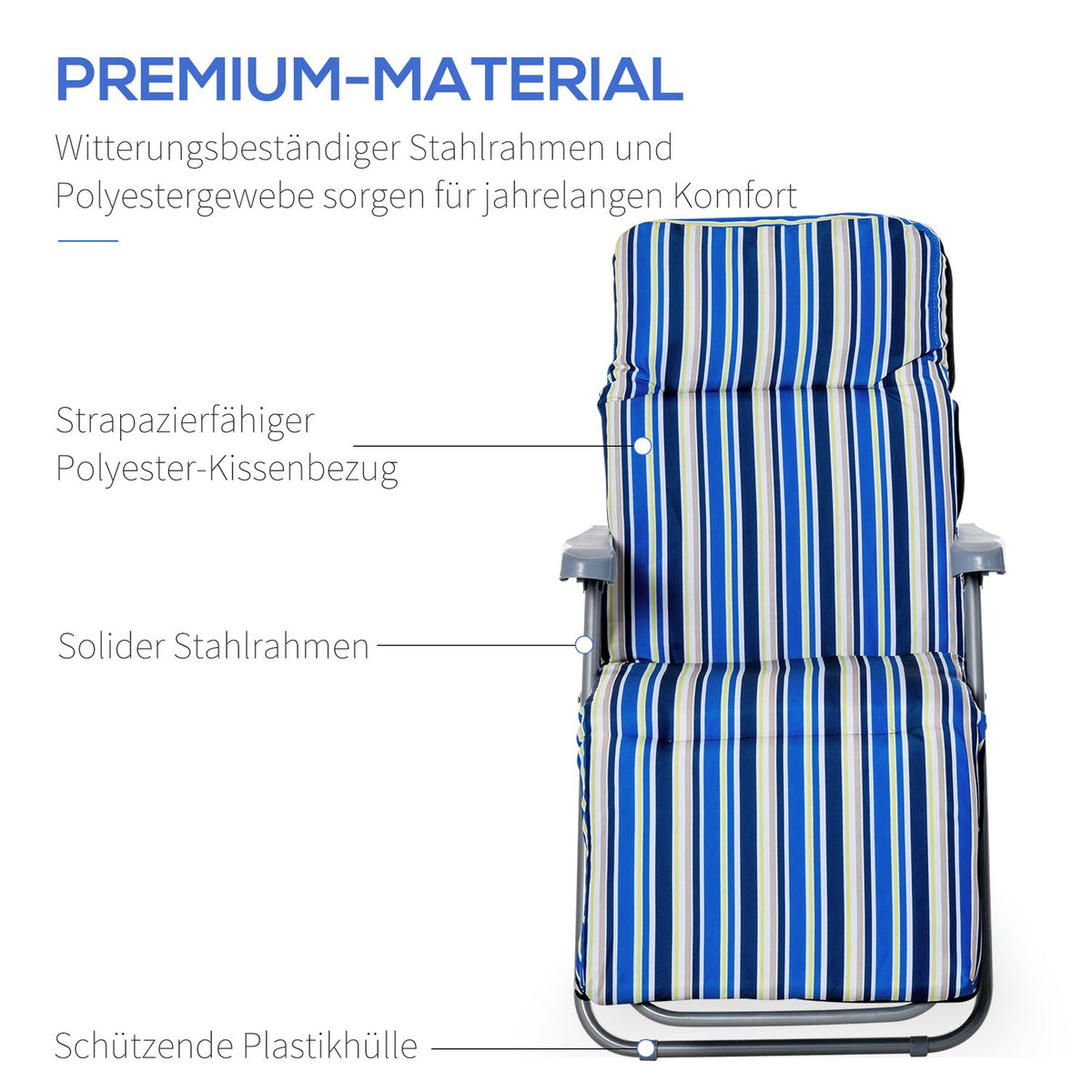 Deck Chair Set Of 2 Sun Loungers With Cushions, Foldable, Adjustable Backrest, Steel + Polyester, Blue, 60X75X65-102Cm