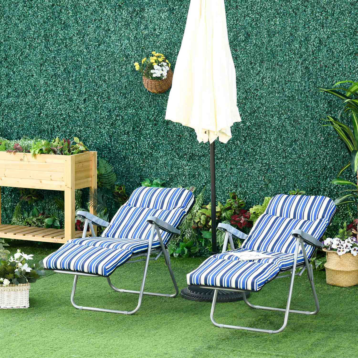 Deck Chair Set Of 2 Sun Loungers With Cushions, Foldable, Adjustable Backrest, Steel + Polyester, Blue, 60X75X65-102Cm