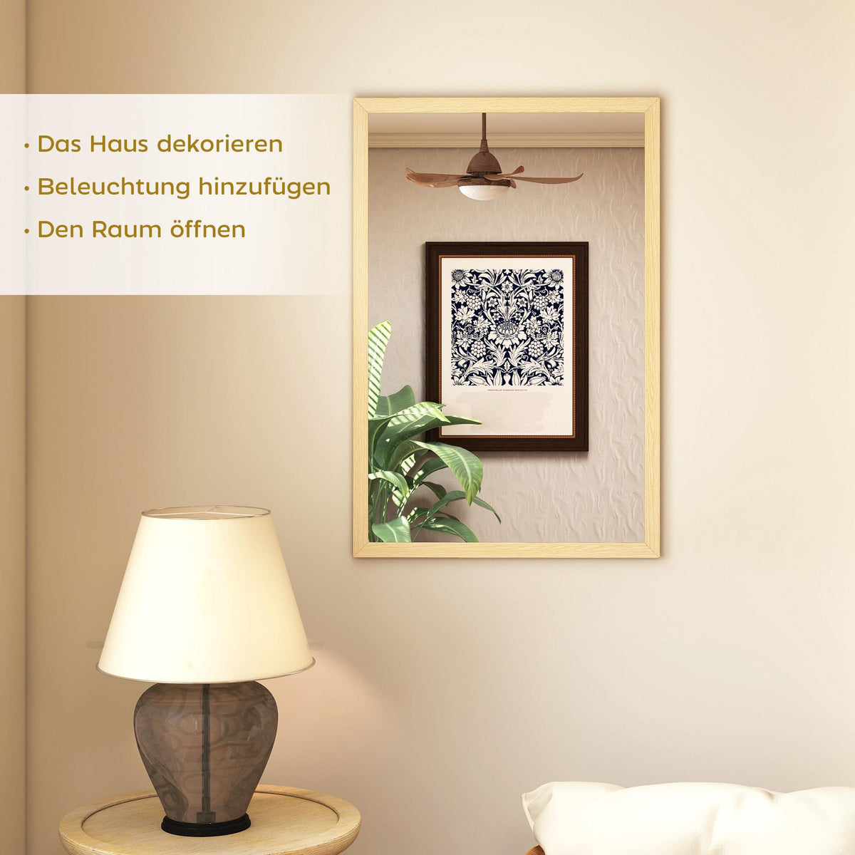 Decorative Wall Mirror, 40x60 cm, Natural MDF Frame