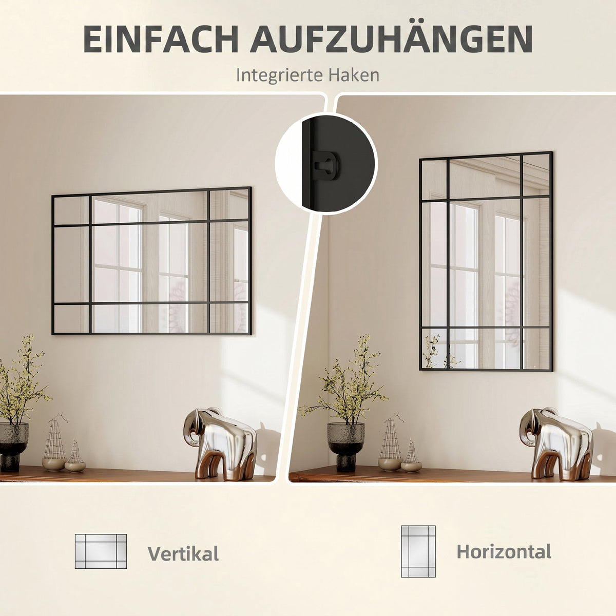 Decorative Wall Mirror, Black Metal Frame, 90x60 cm