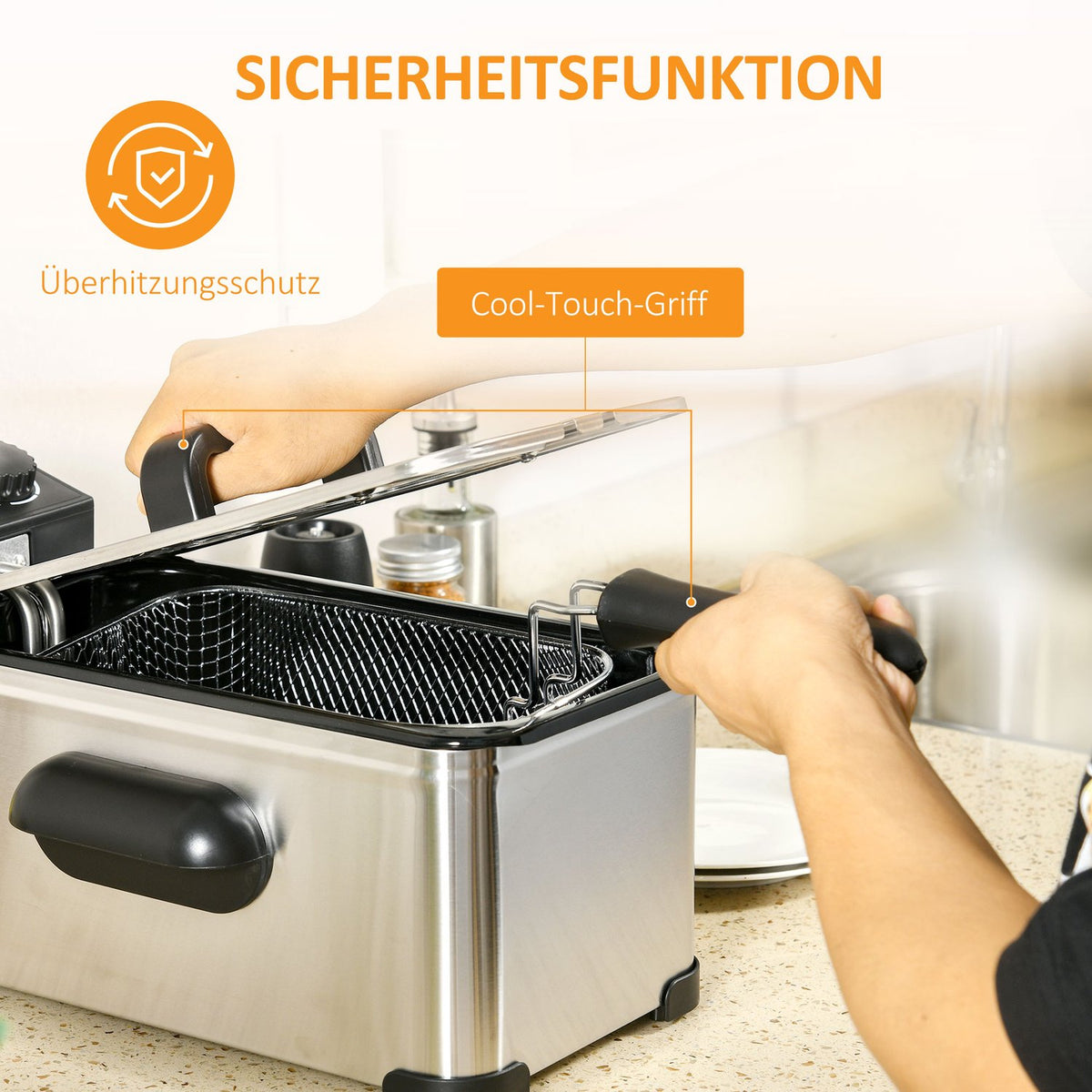Deep fryer, 3 liters, 2,000W power, transparent lid, cool handle, black