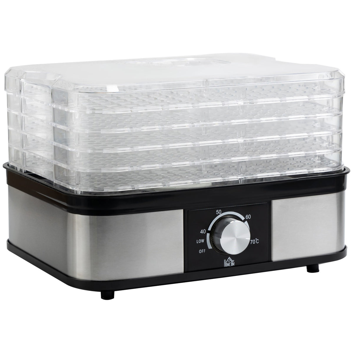 Dehydrator With Temperature Controller (35-70°C) 5 Levels 12 Hour Timer For Meat Fruit Stainless Steel Silver + Transparent 32 X 25 X 29Cm