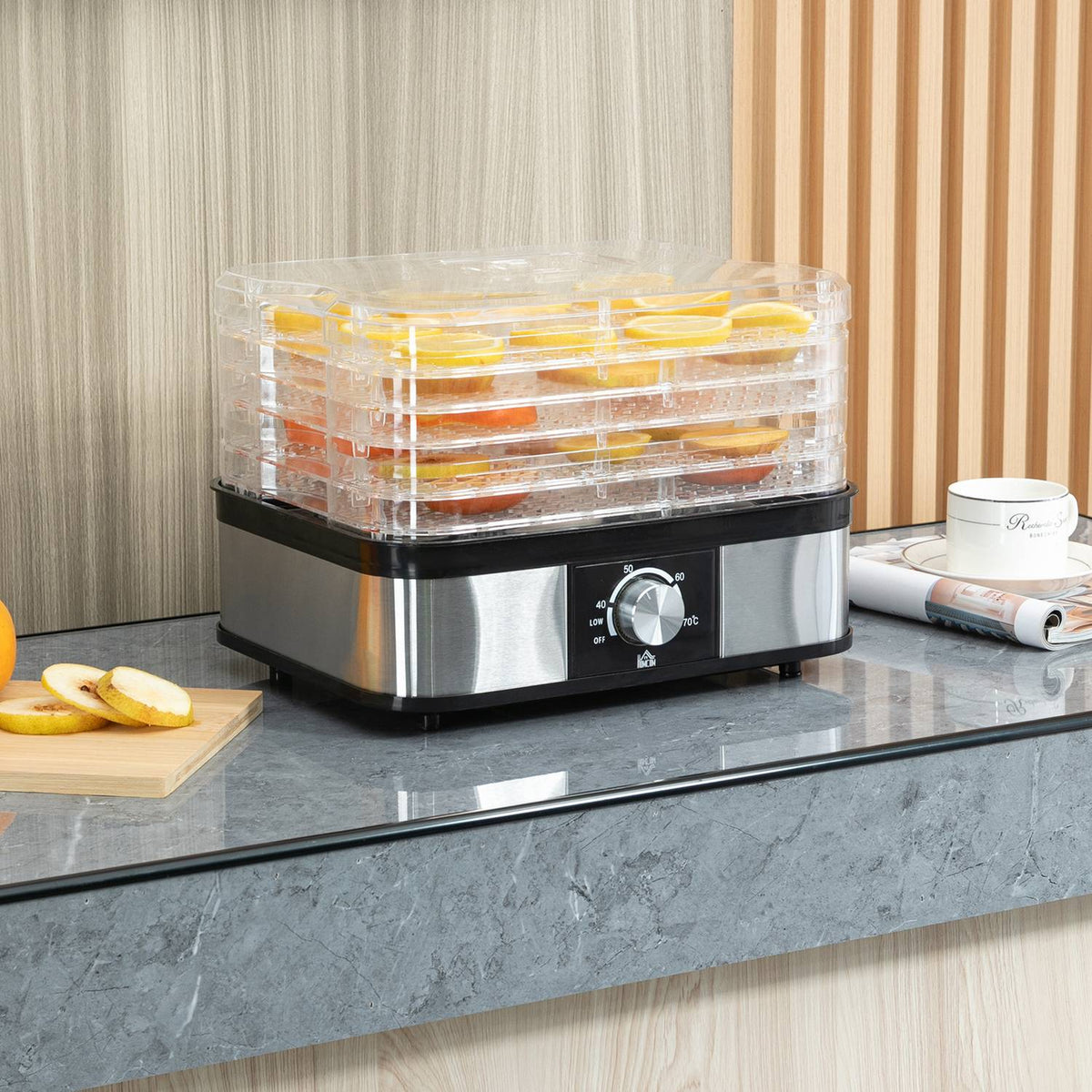 Dehydrator With Temperature Controller (35-70°C) 5 Levels 12 Hour Timer For Meat Fruit Stainless Steel Silver + Transparent 32 X 25 X 29Cm