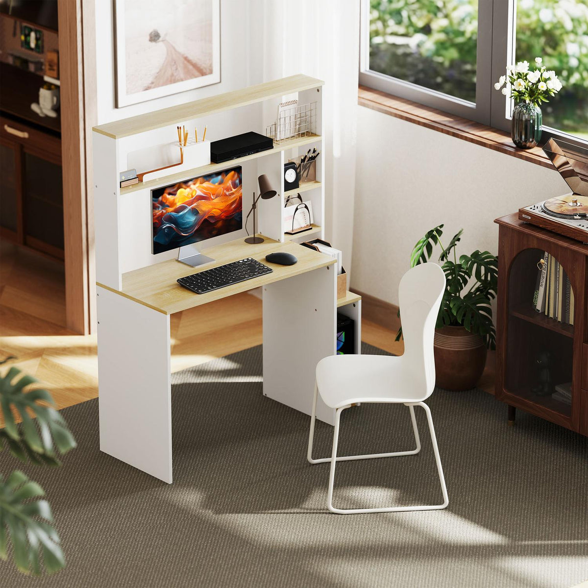 Desk 113 x 45 cm Computer Desk Office Table with Open Shelves CPU Stand Steel Frame for Home Office Bedroom Oak |