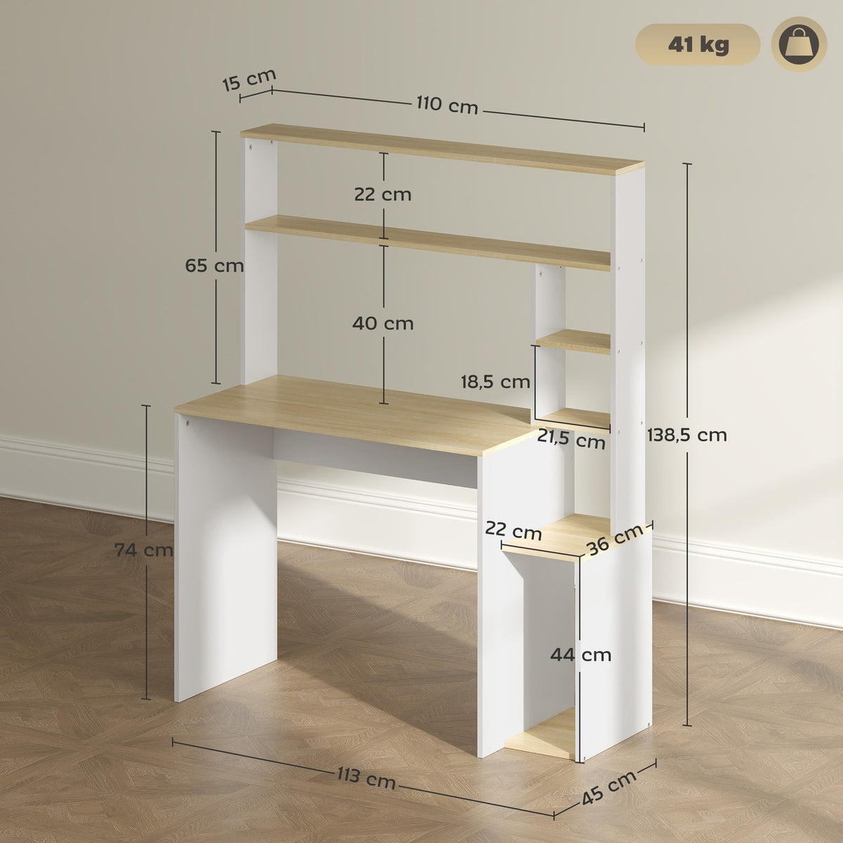 Desk 113 x 45 cm Computer Desk Office Table with Open Shelves CPU Stand Steel Frame for Home Office Bedroom Oak |