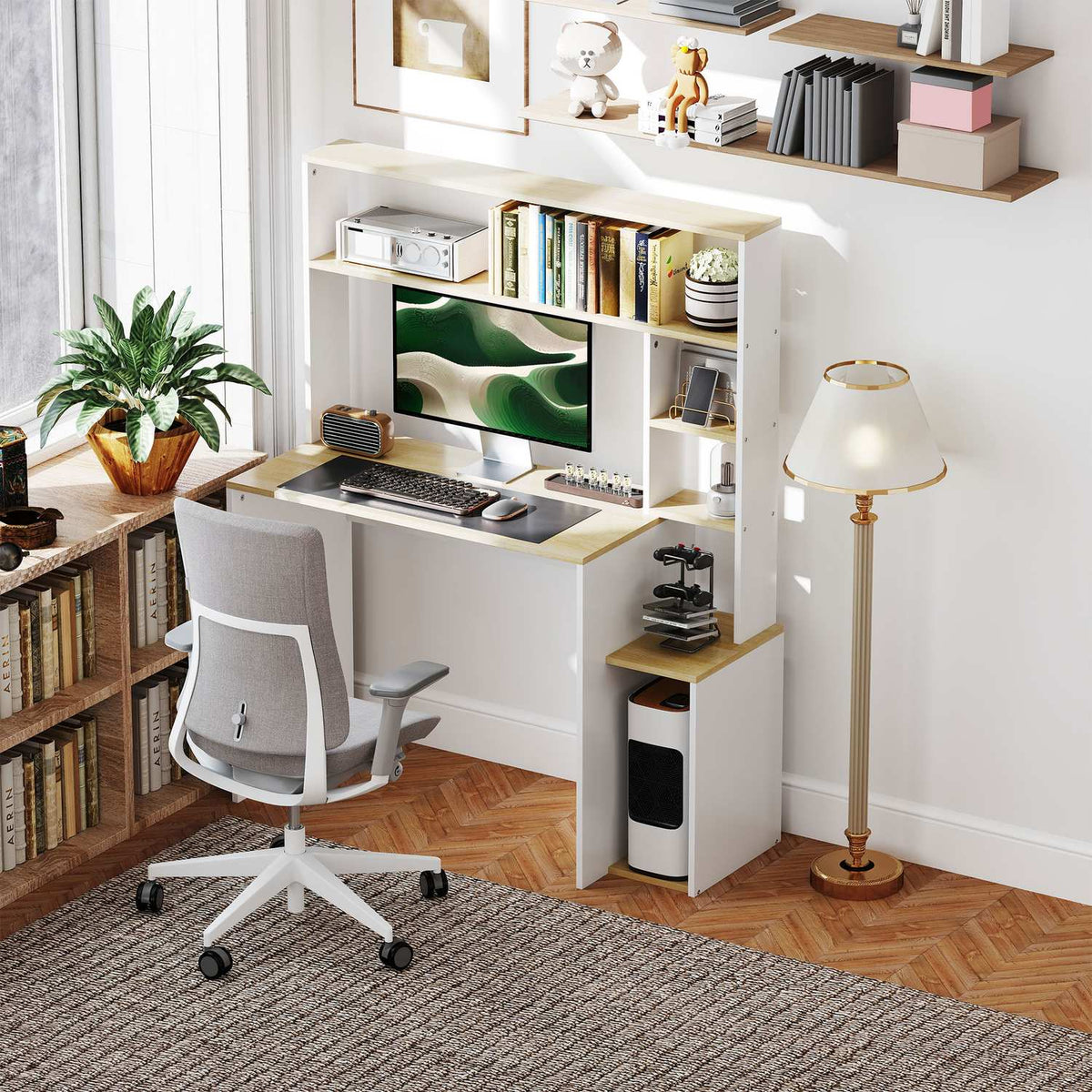 Desk 113 x 45 cm Computer Desk Office Table with Open Shelves CPU Stand Steel Frame for Home Office Bedroom Oak |