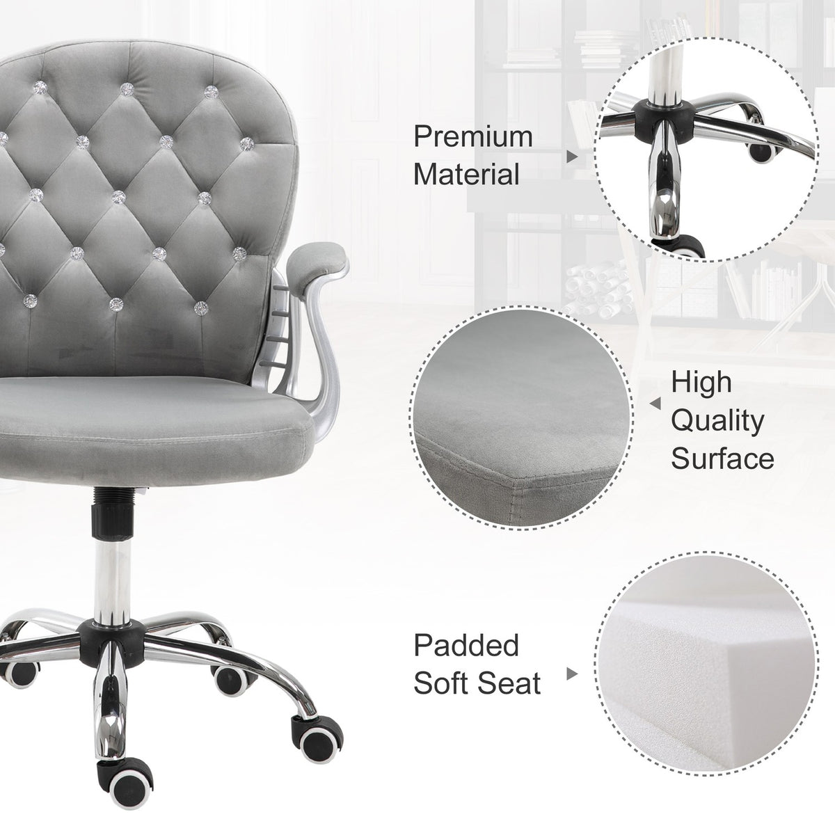 Desk Chair Ergonomic Office Chair With Padded Backrest, Gray, 59.5X60.5X95-105 Cm