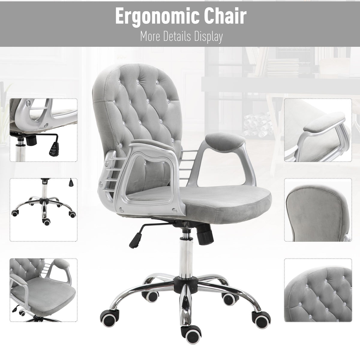 Desk Chair Ergonomic Office Chair With Padded Backrest, Gray, 59.5X60.5X95-105 Cm