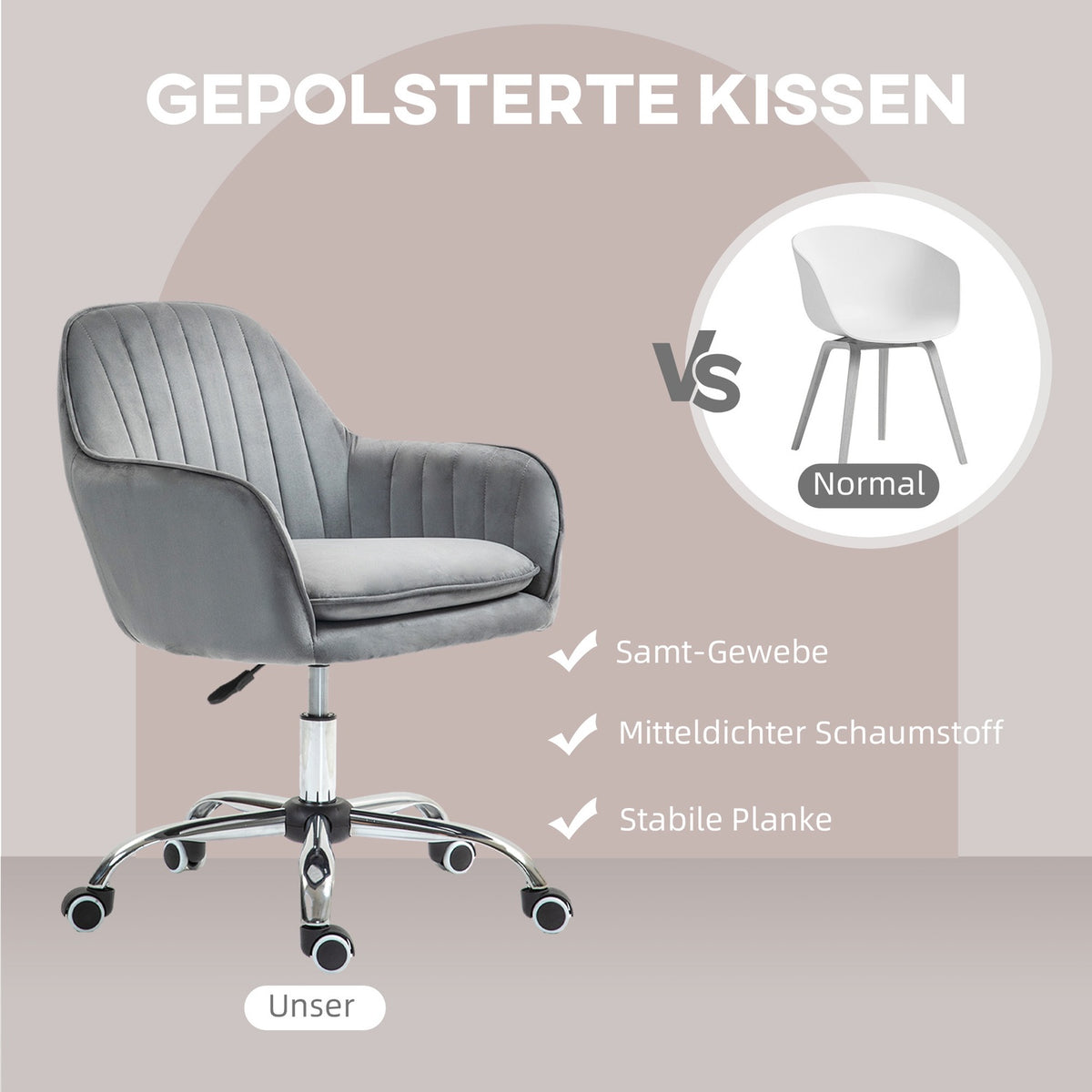Desk Chair Height-Adjustable Office Chair Swivel Home Office Chair with Back and Armrest Velvet Look Dressing Table Chair for Study Room Gray