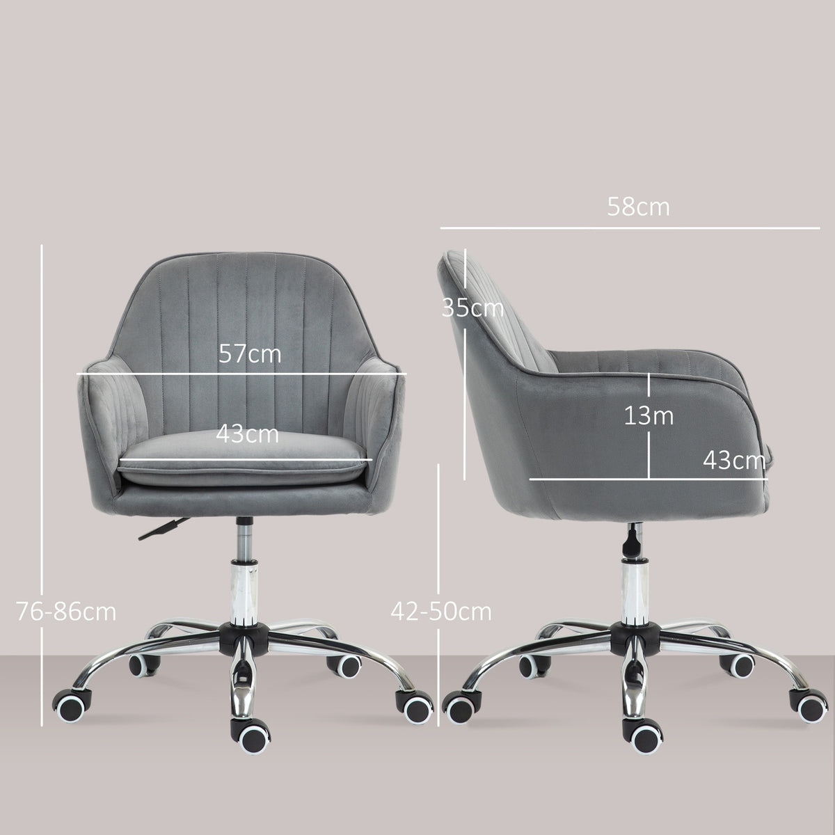 Desk Chair Height-Adjustable Office Chair Swivel Home Office Chair with Back and Armrest Velvet Look Dressing Table Chair for Study Room Gray
