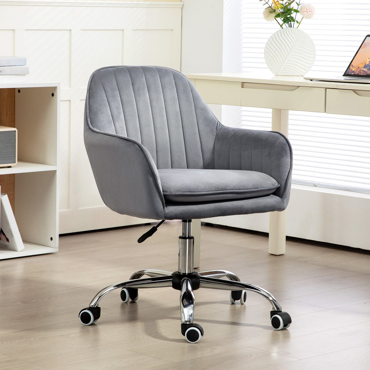 Desk Chair Height-Adjustable Office Chair Swivel Home Office Chair with Back and Armrest Velvet Look Dressing Table Chair for Study Room Gray