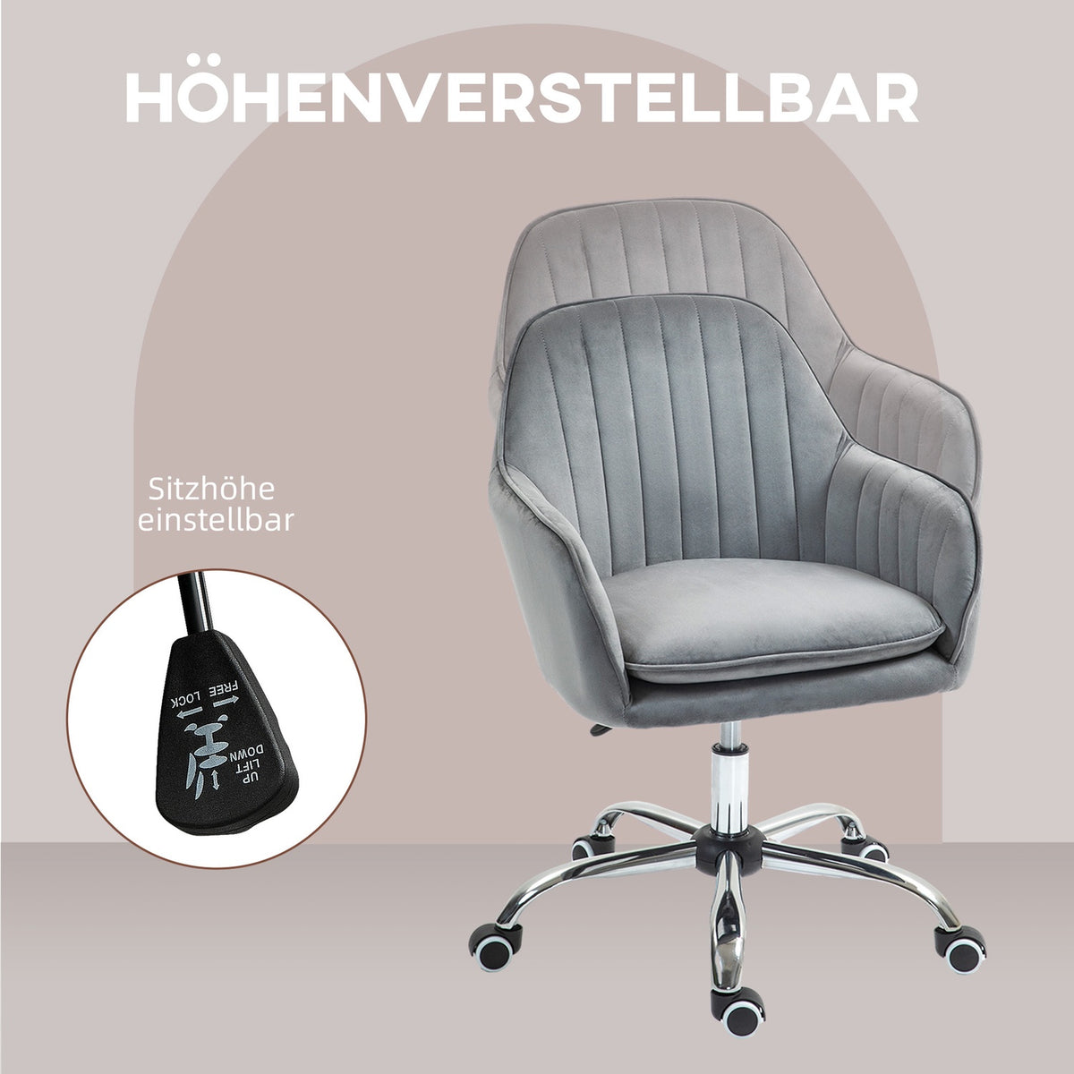 Desk Chair Height-Adjustable Office Chair Swivel Home Office Chair with Back and Armrest Velvet Look Dressing Table Chair for Study Room Gray