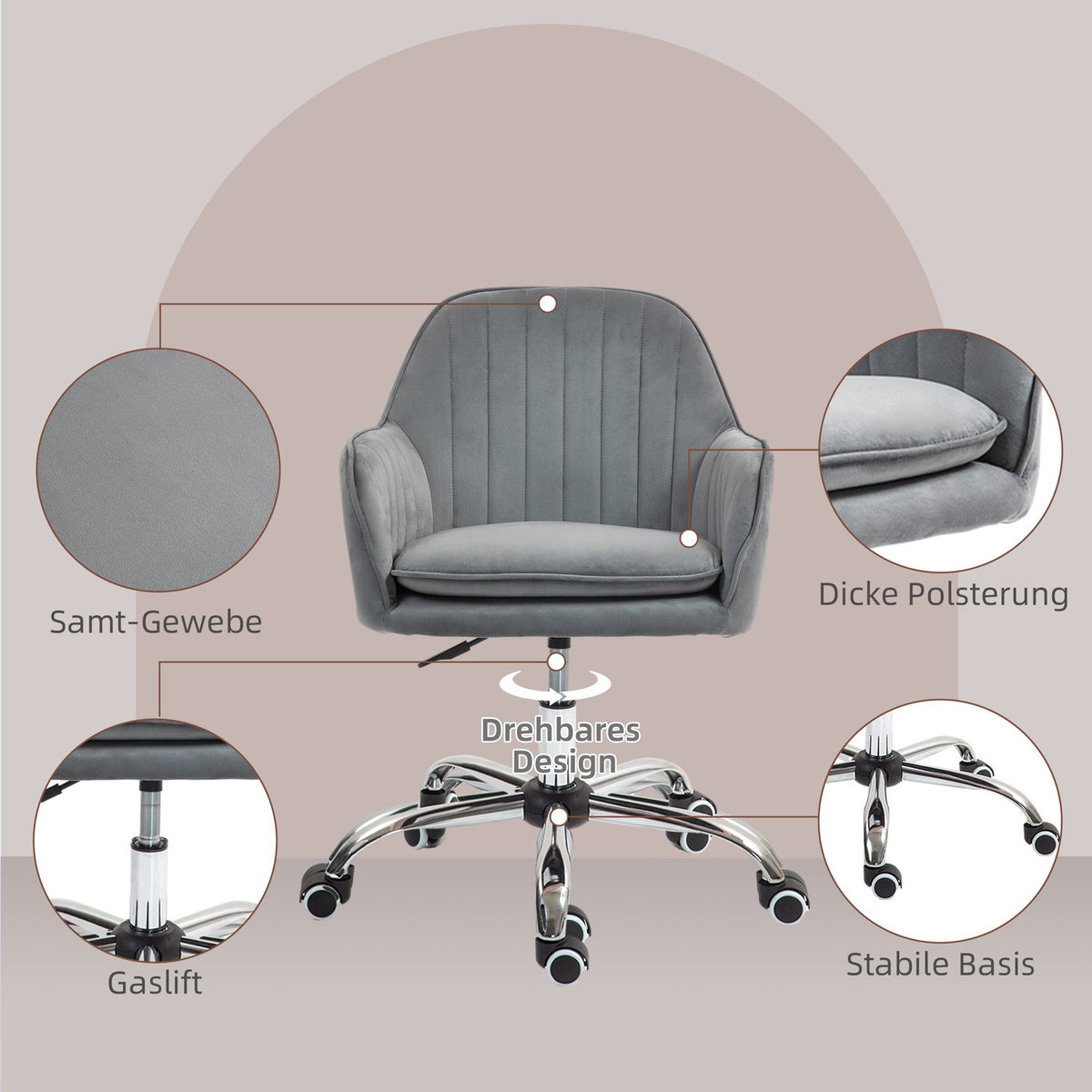 Desk Chair Height-Adjustable Office Chair Swivel Home Office Chair with Back and Armrest Velvet Look Dressing Table Chair for Study Room Gray