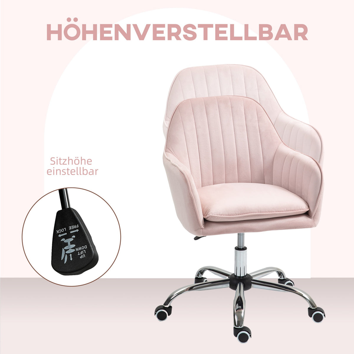 Desk Chair Height-Adjustable Office Chair Swivel Home Office Chair with Back and Armrest Velvet Look Dressing Table Chair for Study Room Pink