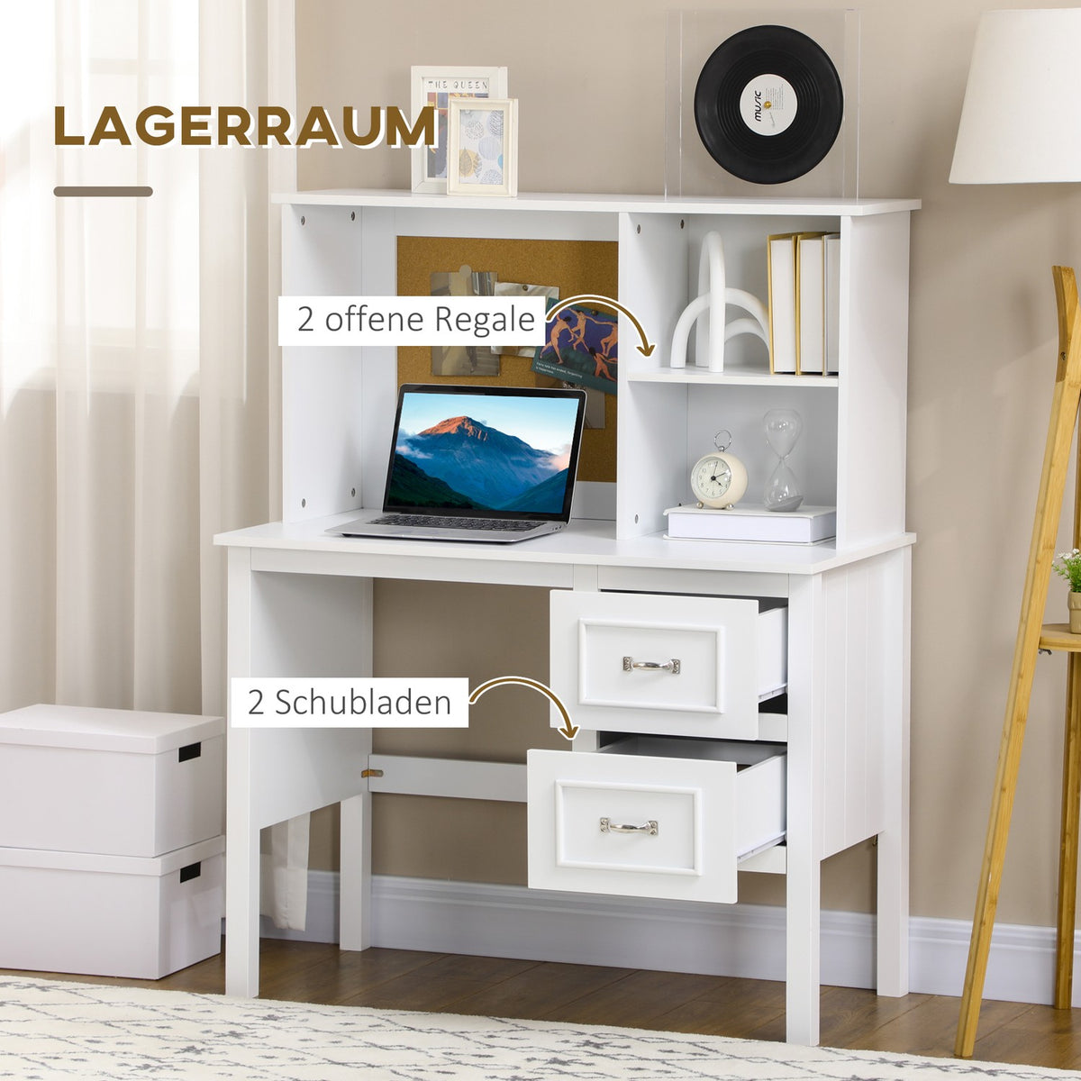 Desk, Computer Desk With Drawers, Open Compartments, Office Table With Cork Board, Pc Table, Work Table, White