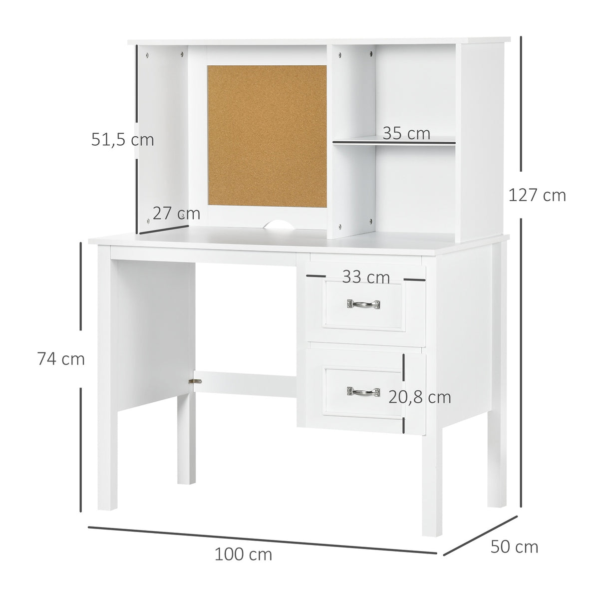 Desk, Computer Desk With Drawers, Open Compartments, Office Table With Cork Board, Pc Table, Work Table, White