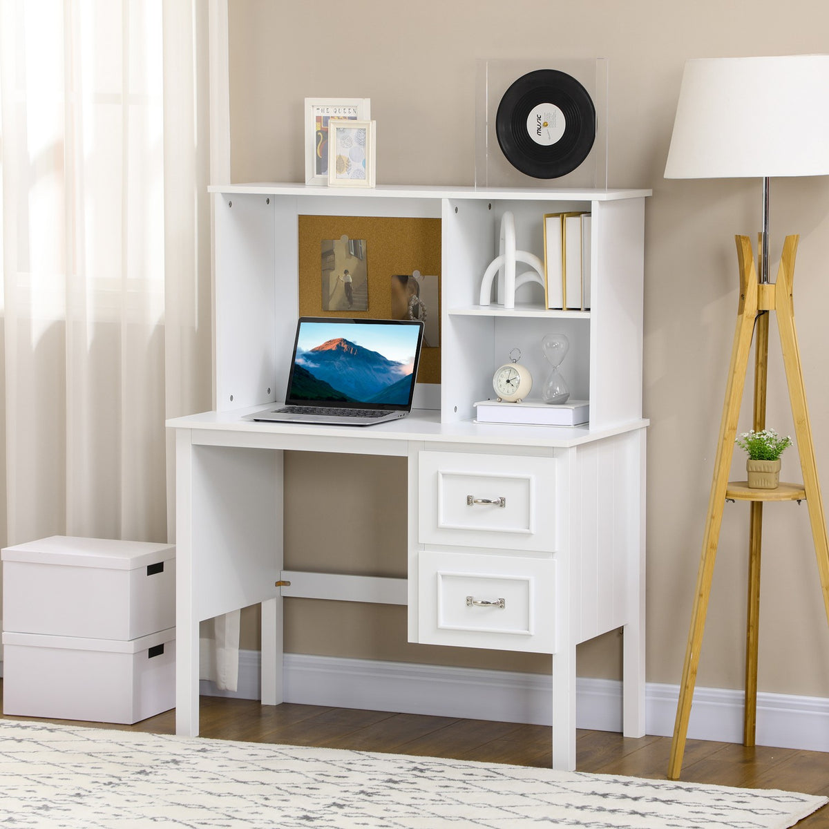 Desk, Computer Desk With Drawers, Open Compartments, Office Table With Cork Board, Pc Table, Work Table, White