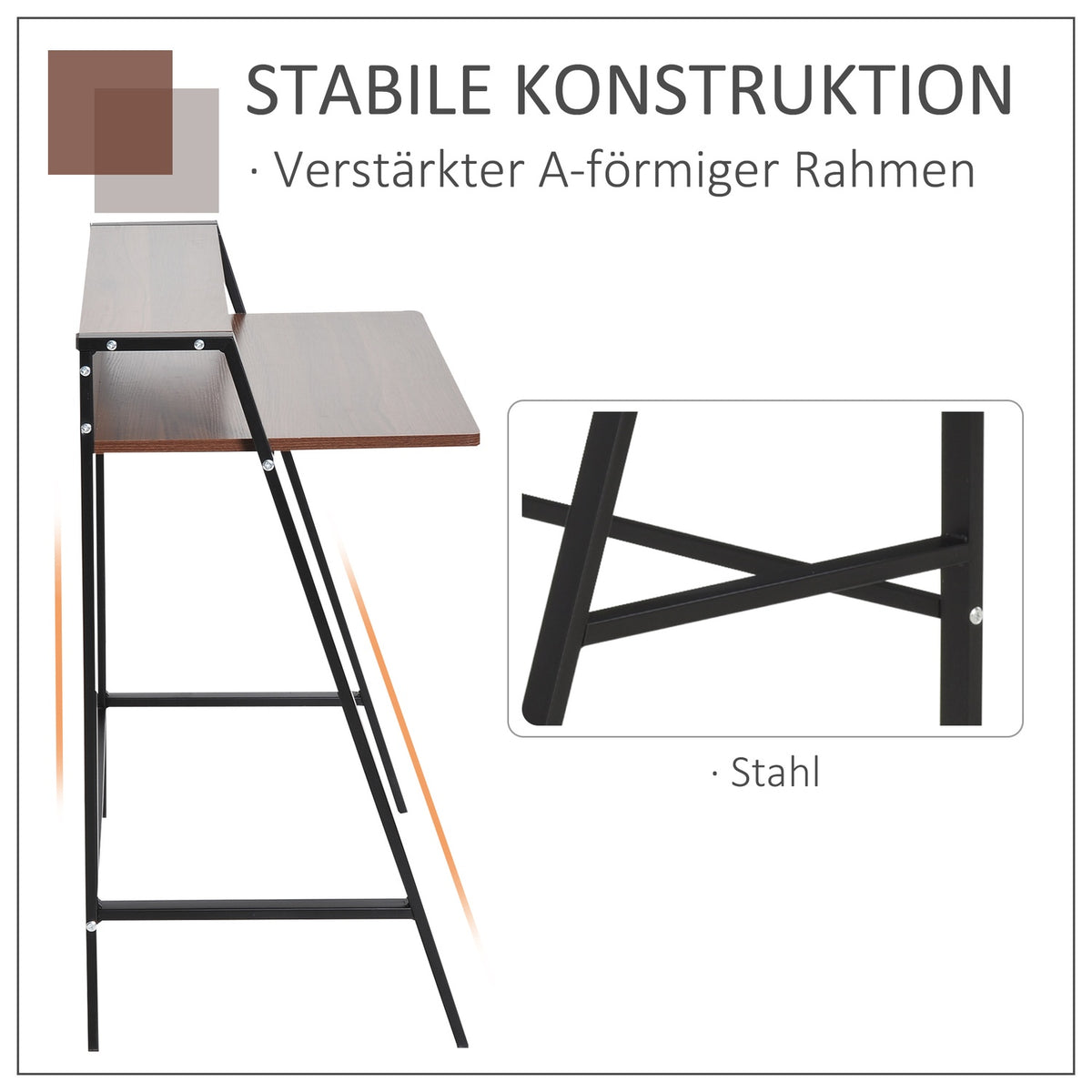 Desk Computer Table With Storage Compartment & Cable Passage, Metal Walnut, 84X45X85Cm, Ideal For Home Office
