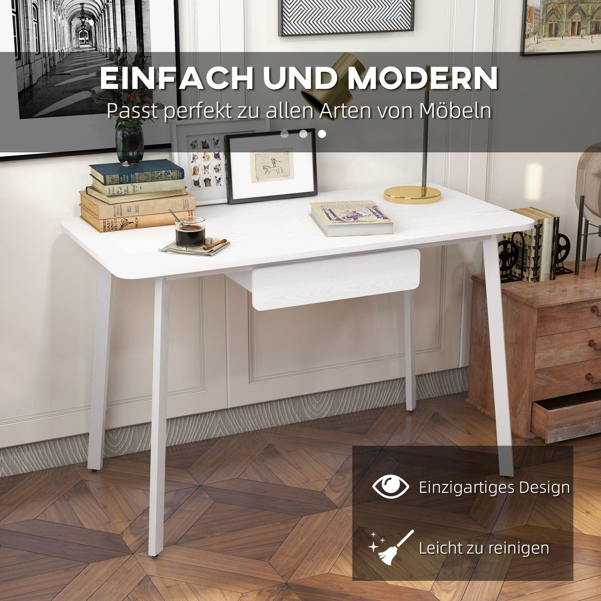Desk Elegant Office Table With Drawers, Mdf + Steel, White, 120X60X76Cm