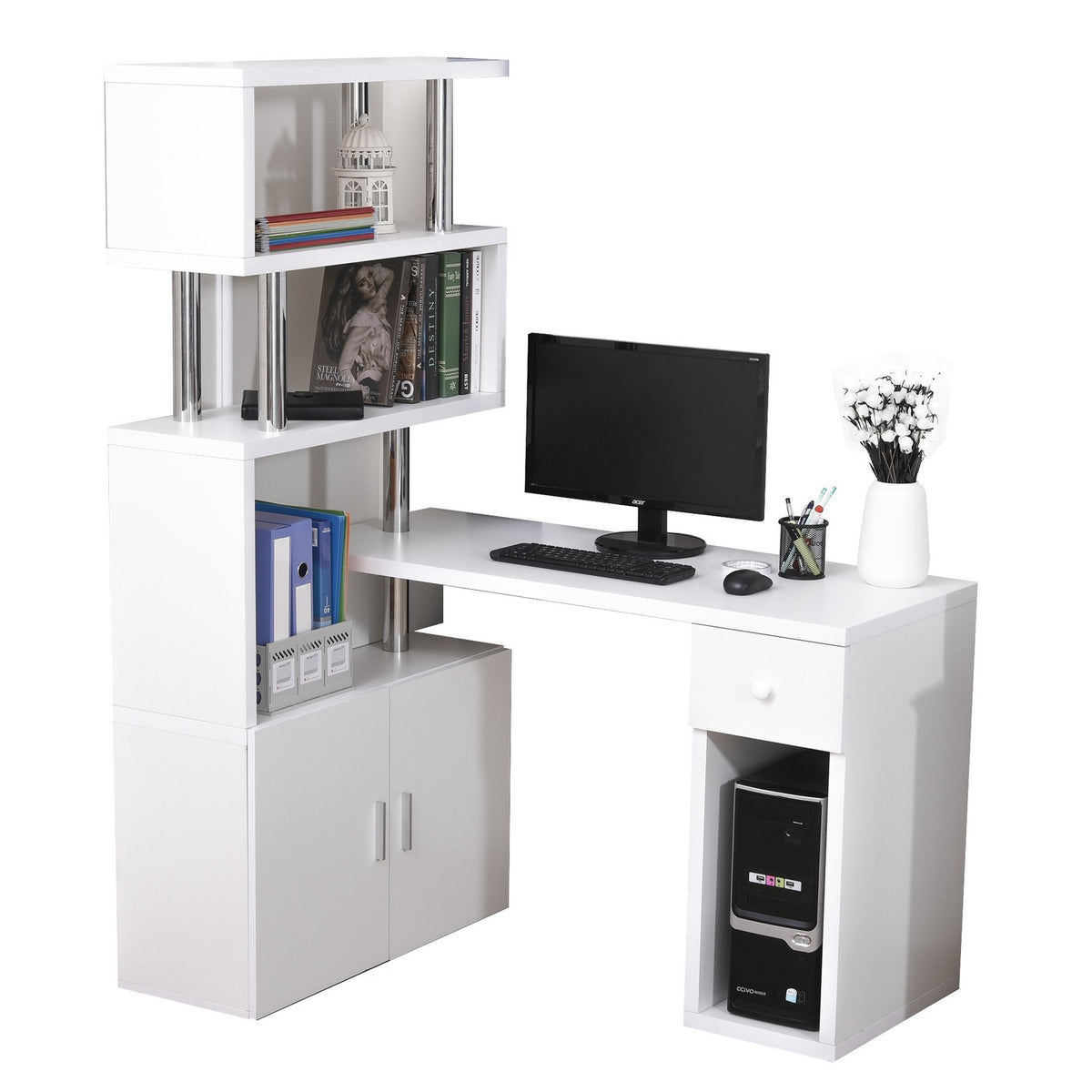 Desk In L-Shape/I-Shape Corner Desk Computer Desk Combination Table With Bookshelf And Drawer Stainless Steel White 120X80X164 Cm