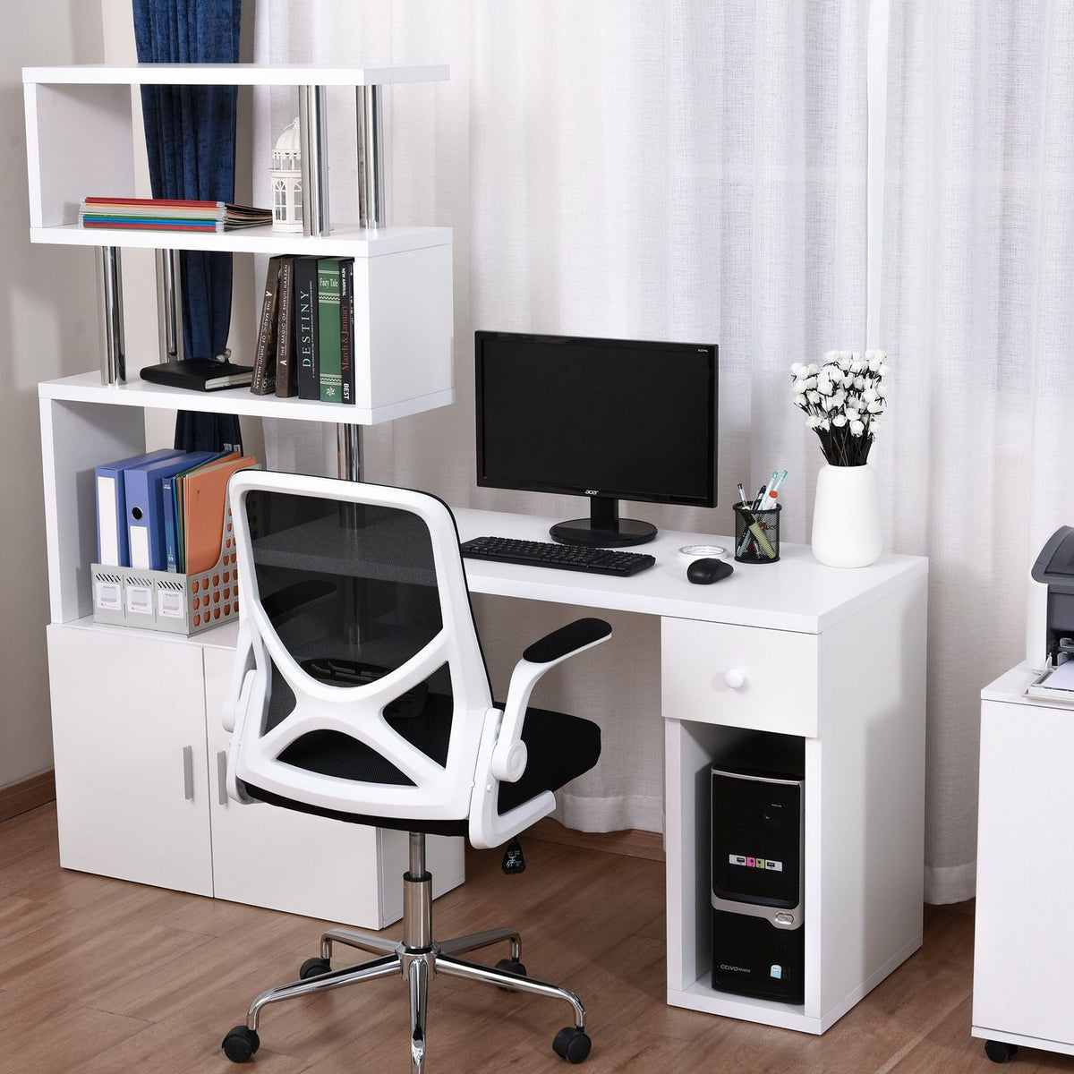 Desk In L-Shape/I-Shape Corner Desk Computer Desk Combination Table With Bookshelf And Drawer Stainless Steel White 120X80X164 Cm