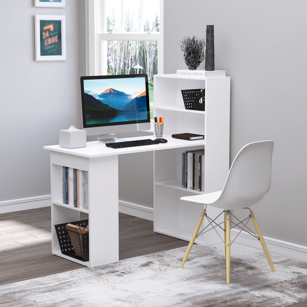 Desk Kitchen Table With Shelf, Computer Table, Work Table, Laptop Table, Office Shelf, White, 120X55X120Cm