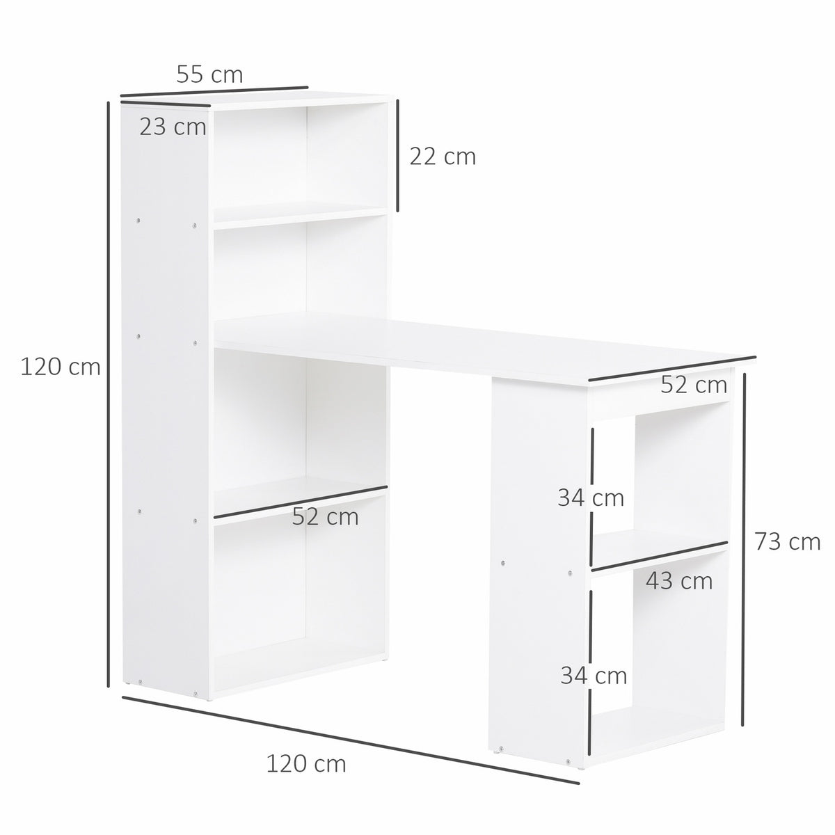 Desk Kitchen Table With Shelf, Computer Table, Work Table, Laptop Table, Office Shelf, White, 120X55X120Cm