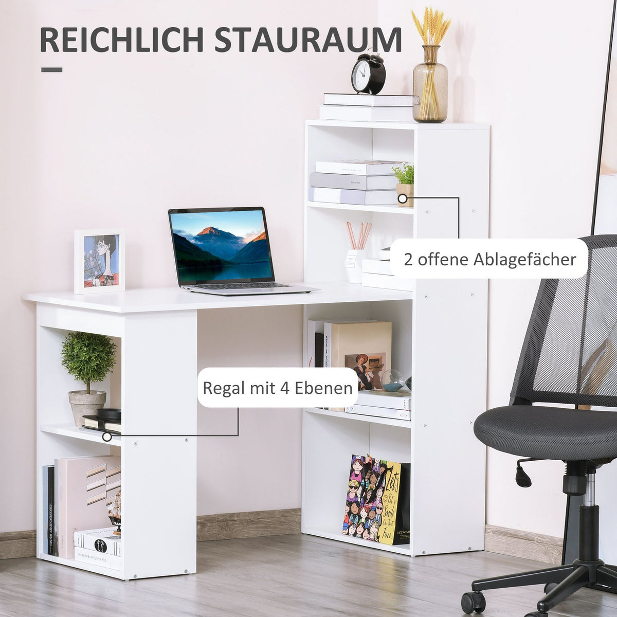 Desk Kitchen Table With Shelf, Computer Table, Work Table, Laptop Table, Office Shelf, White, 120X55X120Cm