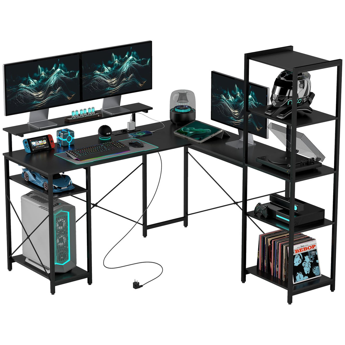Desk, L-Shaped Computer Desk 137 x 140 x 139.5 cm Corner Desk with 6 Shelves, Office Table with Monitor Stand, USB, Socket, for Home Office, Office, Black