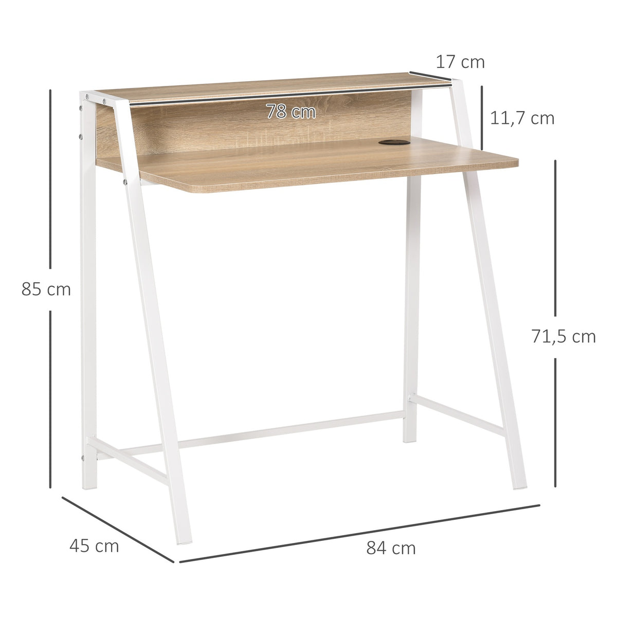 Desk Modern computer table with storage compartment & cable passage, metal frame, white + oak, 84x45x85cm