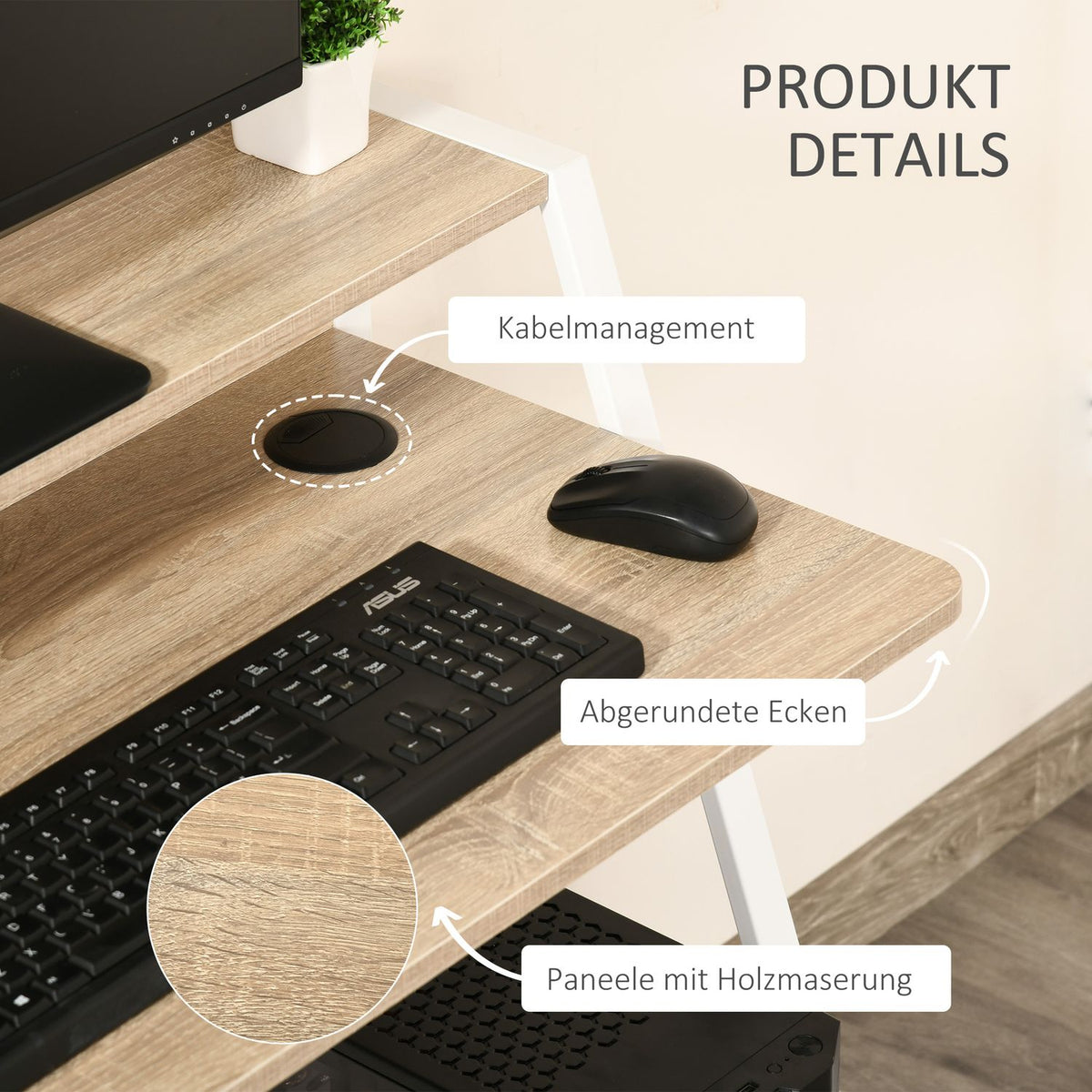 Desk Modern computer table with storage compartment & cable passage, metal frame, white + oak, 84x45x85cm