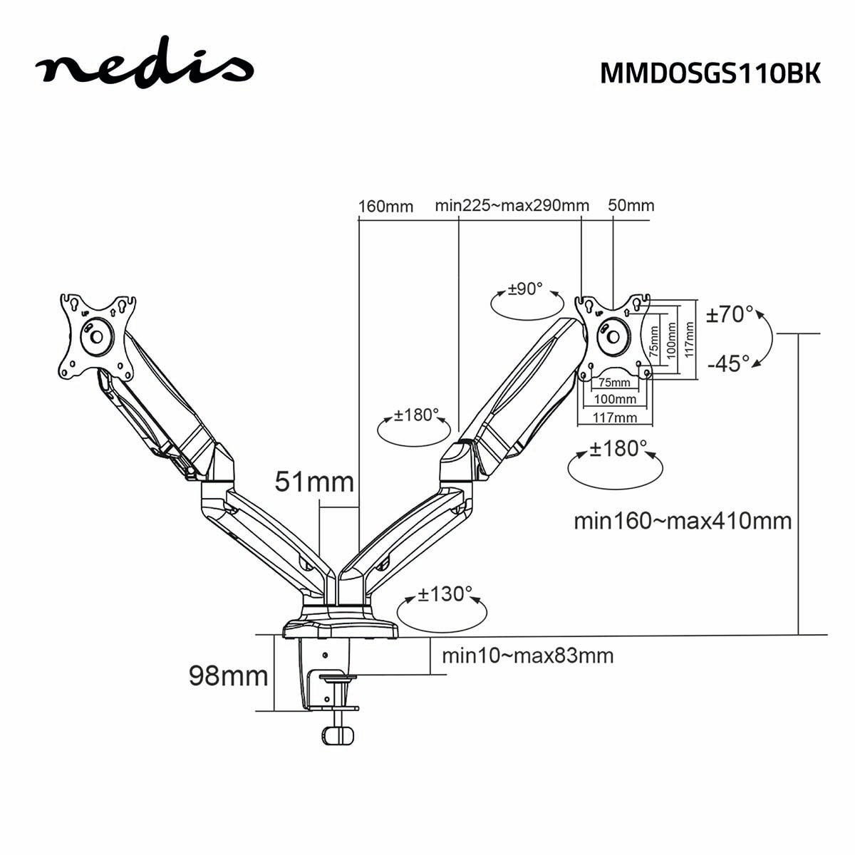 Desk Monitor Mount | Gas Spring | 2 Screens | 15 - 32 " | 75x75 / 100x100 | Full Motion