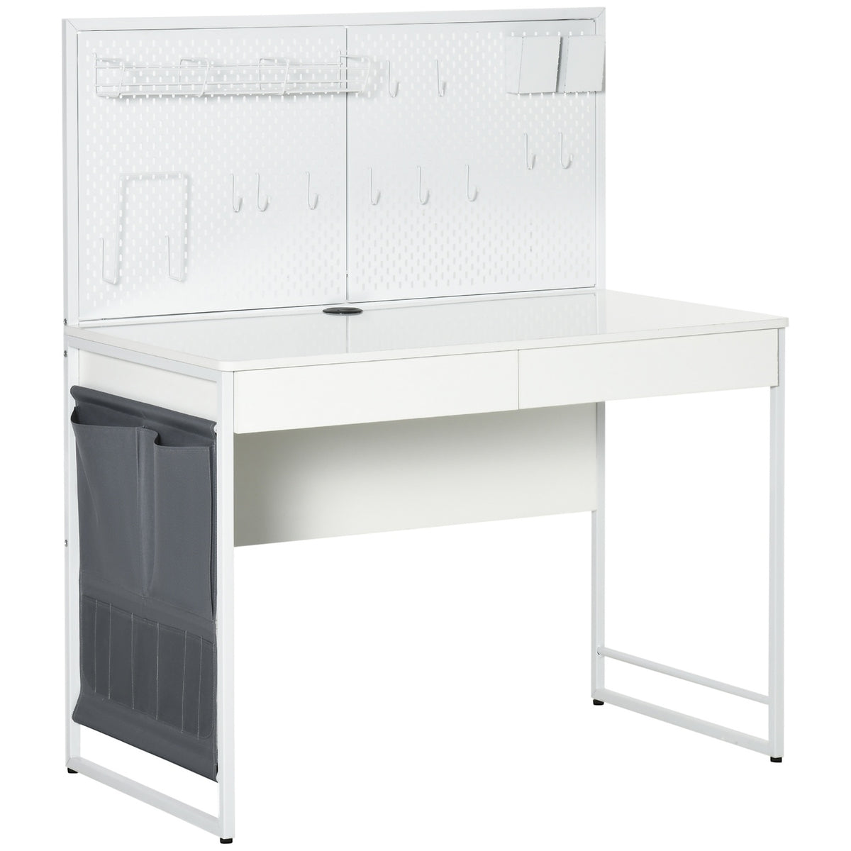 Desk With Fabric Bag Computer Table, 2 Drawers, Note Grid, Grid Wall Hooks, Steel Chipboard, White + Gray, 110X58.5X127 Cm